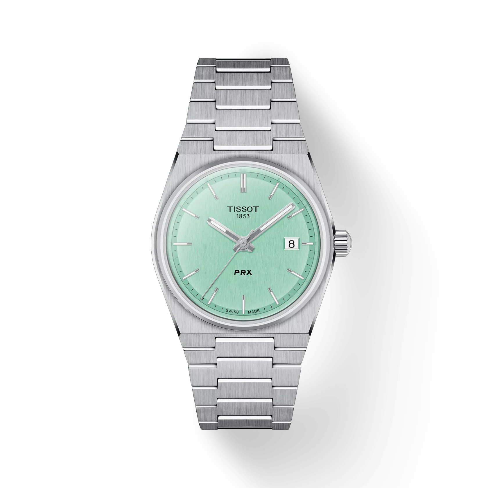 RELOJ TISSOT PRX, CUARZO, ESFERA VERDE CLARO, BRAZALETE DE ACERO, FECHA, 35 MM