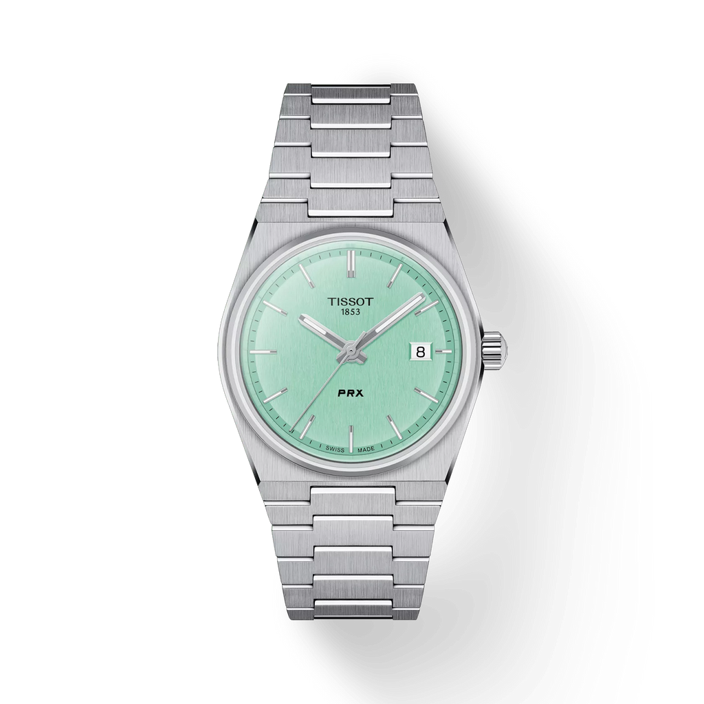 RELOJ TISSOT PRX, CUARZO, ESFERA VERDE CLARO, BRAZALETE DE ACERO, FECHA, 35 MM