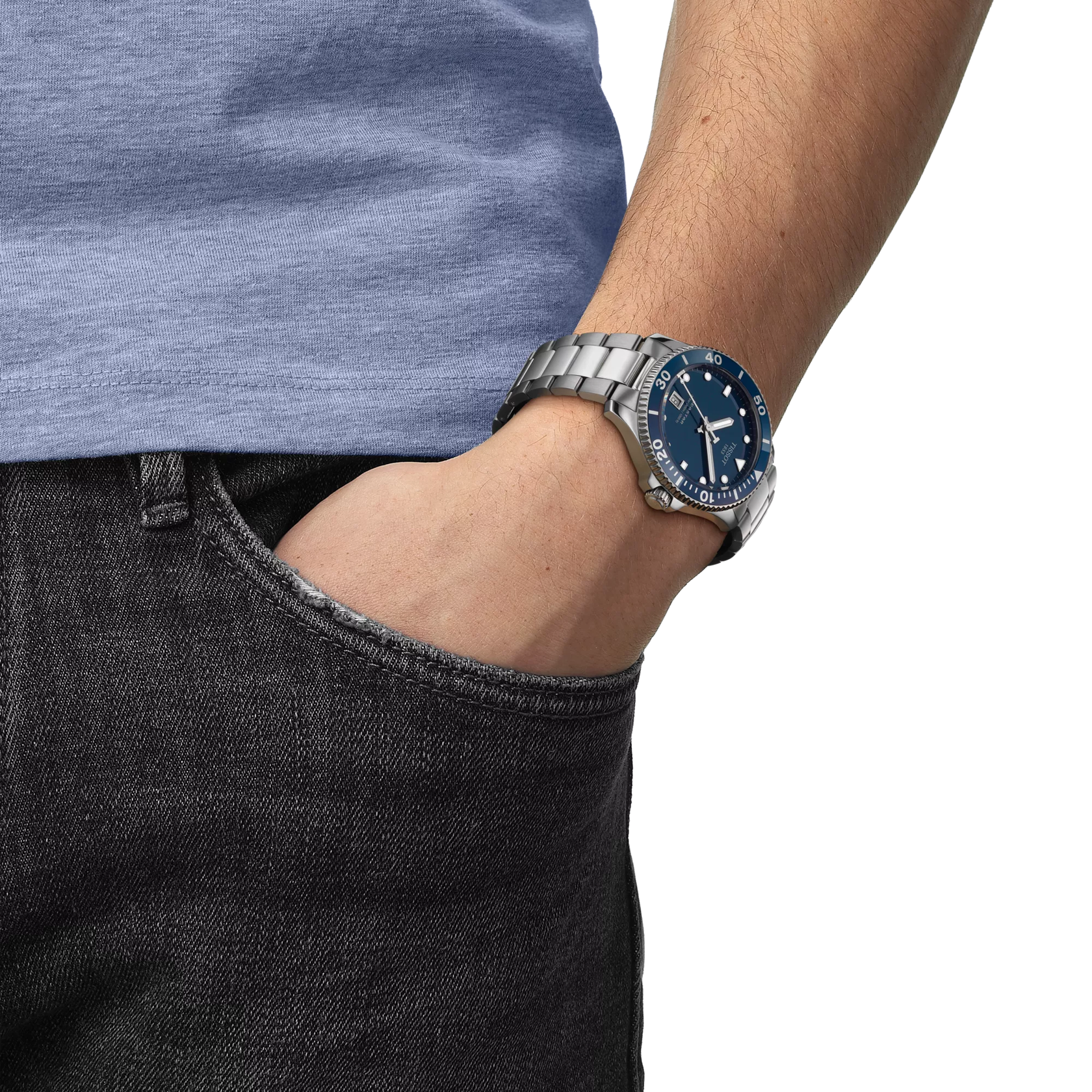 RELOJ TISSOT SEASTAR 1000, CUARZO, ESFERA AZUL, BRAZALETE DE ACERO, FECHA, 40 MM