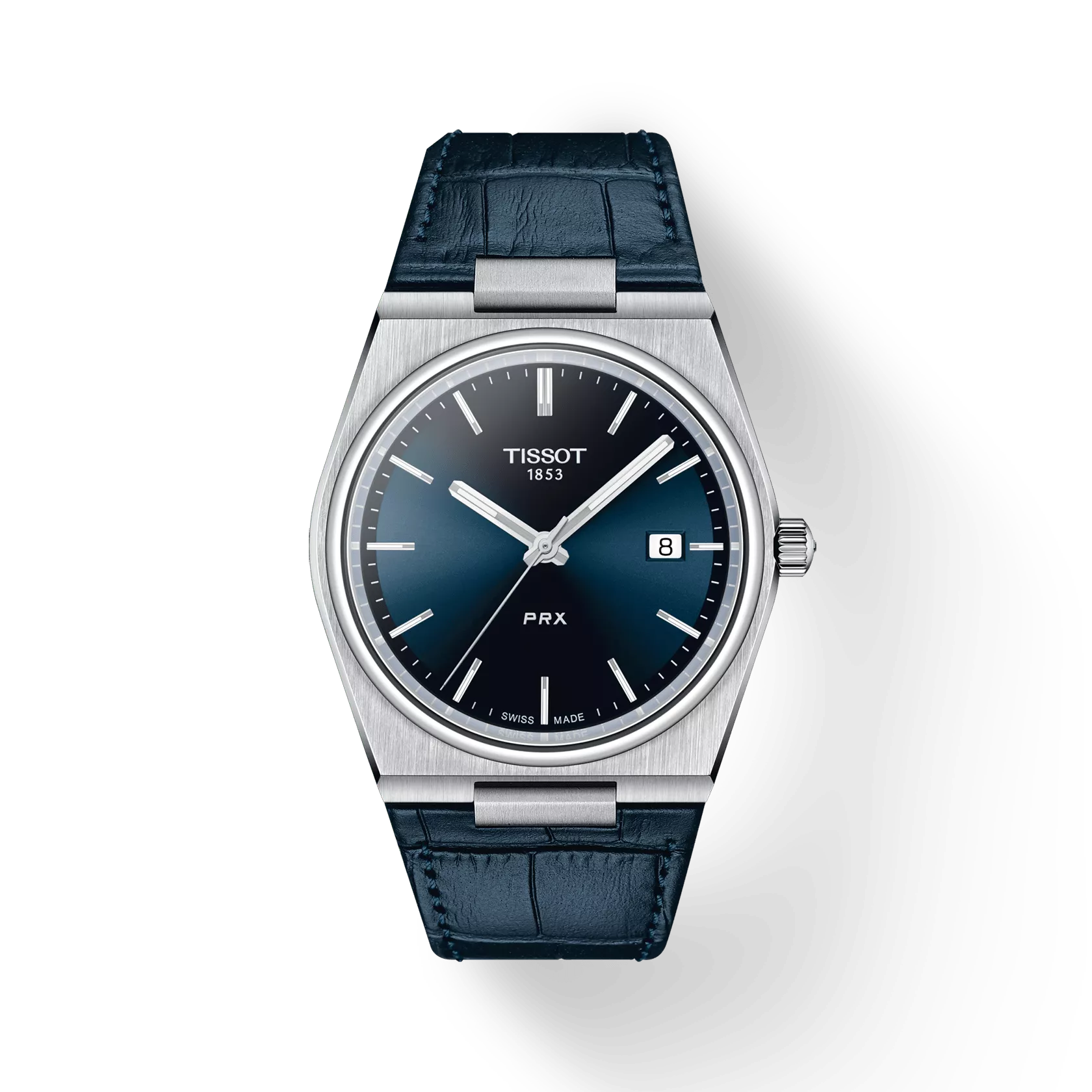 RELOJ TISSOT PRX, CUARZO, ESFERA AZUL, FAJA DE CUERO AZUL, FECHA, 40 MM