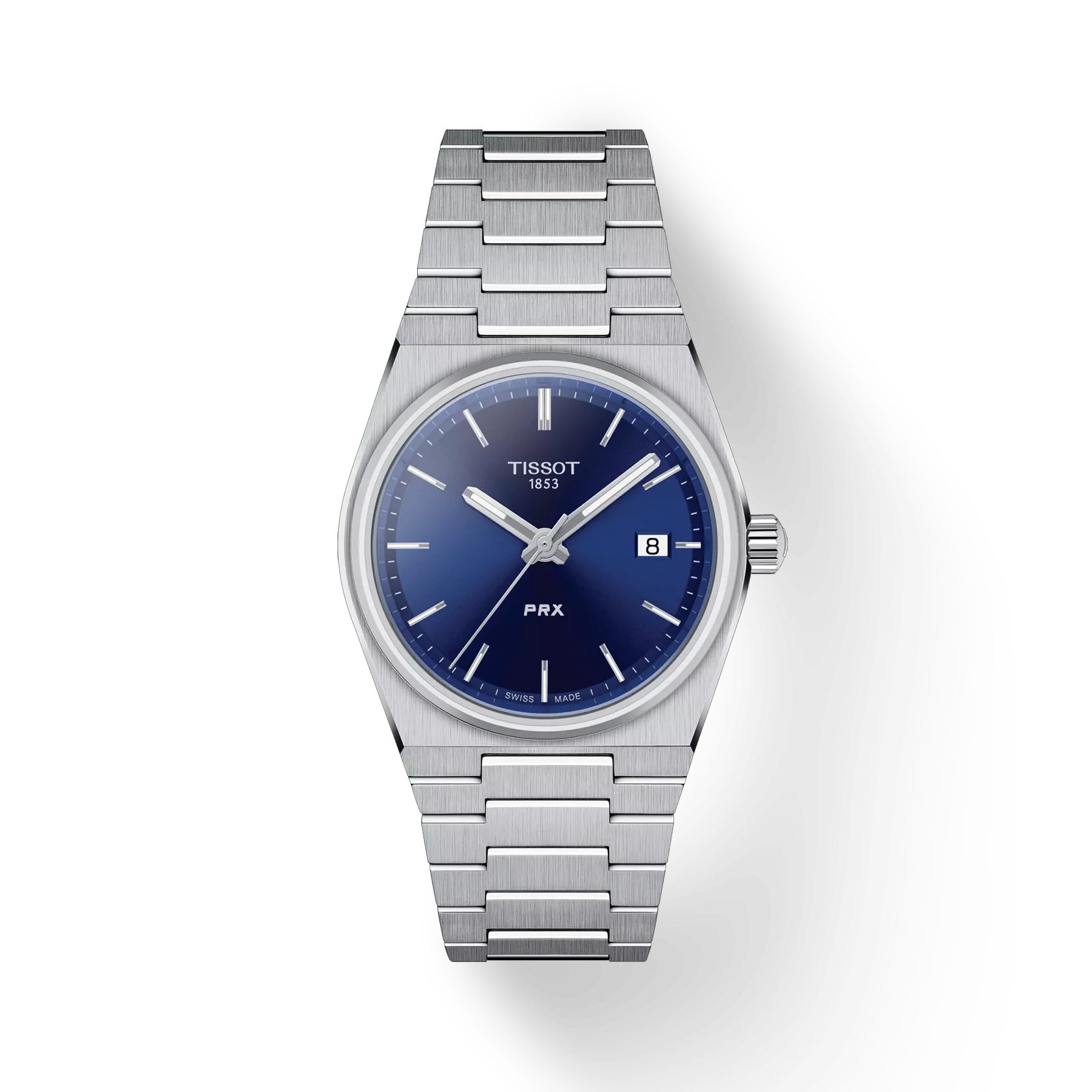 RELOJ TISSOT PRX, CUARZO, ESFERA AZUL, BRAZALETE DE ACERO, FECHA, 35 MM