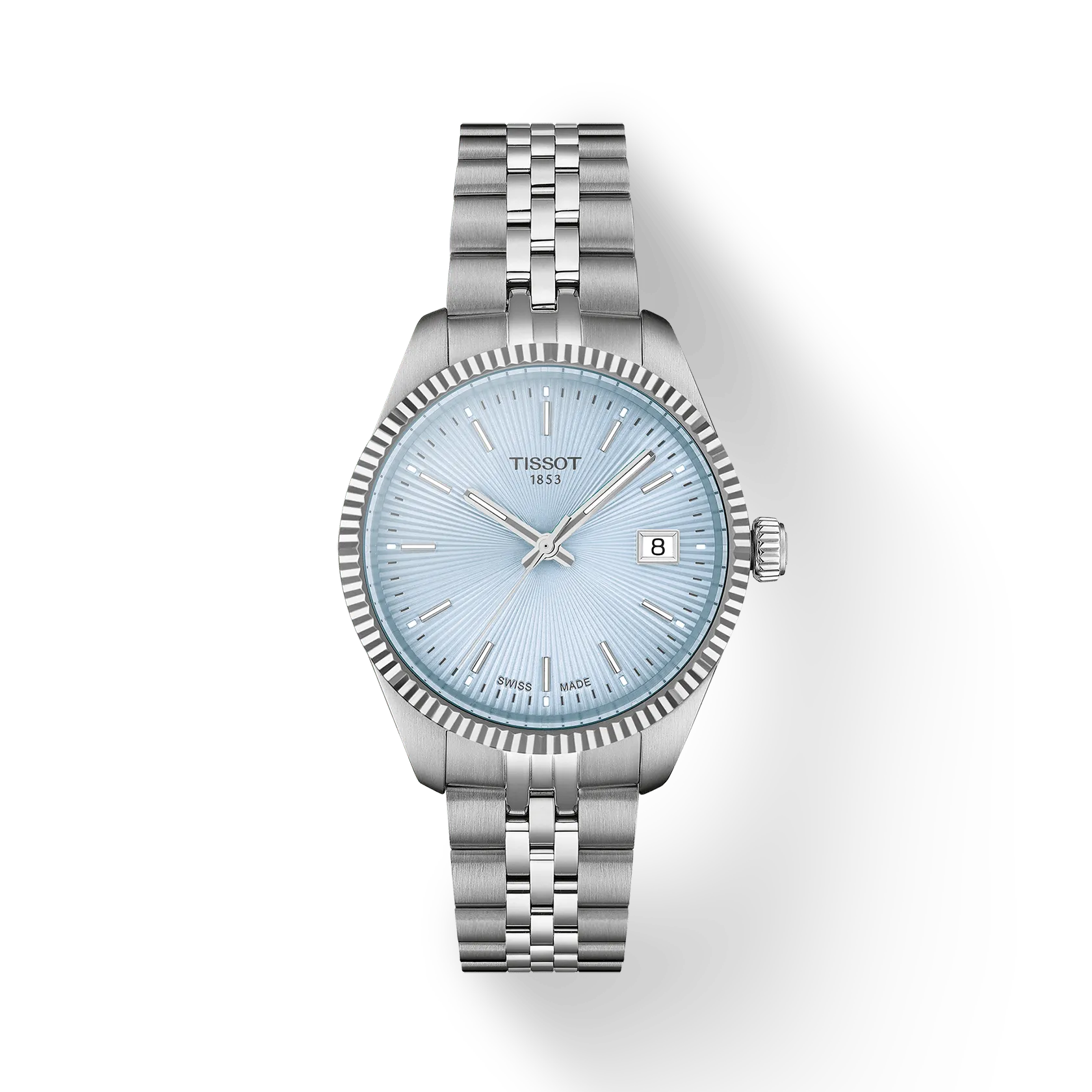 RELOJ TISSOT BALLADE, CUARZO, ESFERA CELESTE, BRAZALETE DE ACERO, FECHA, 34 MM