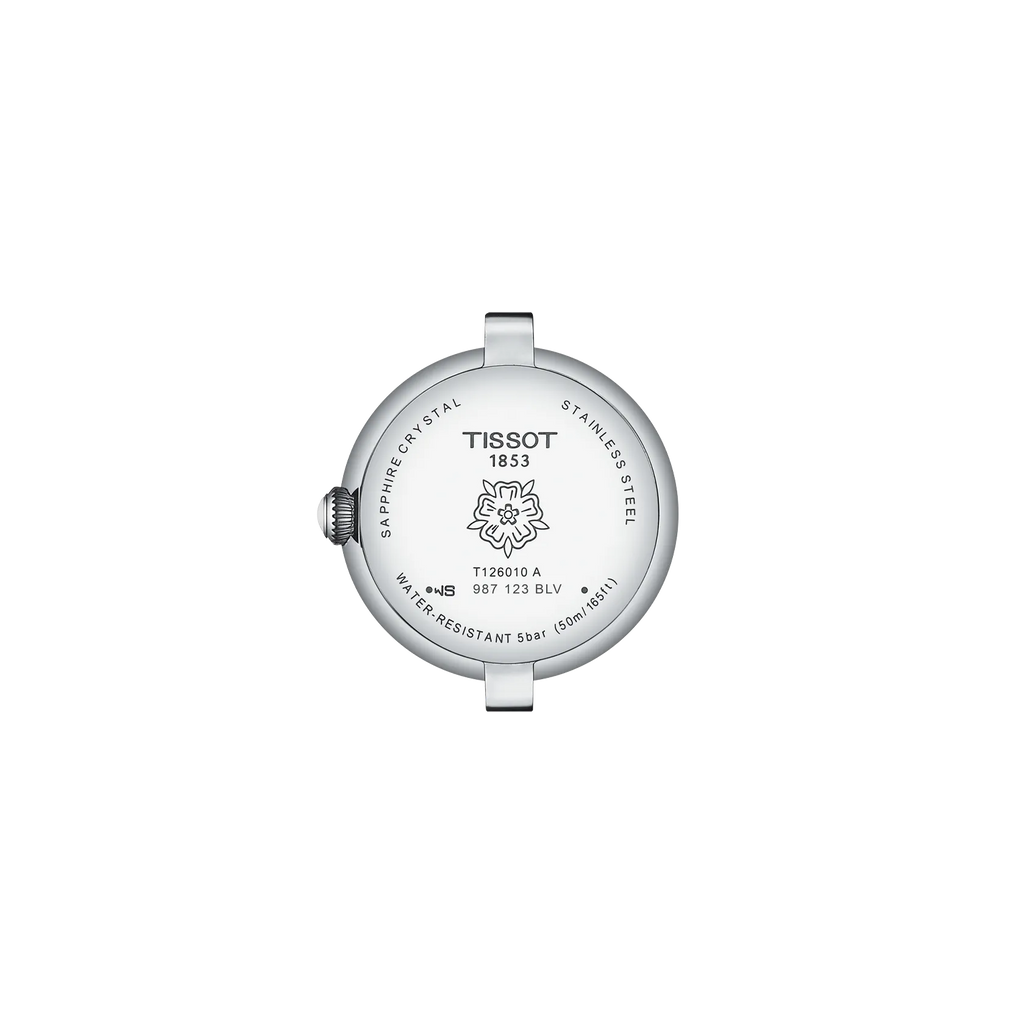 RELOJ TISSOT BELLISSIMA, CUARZO, ESFERA CELESTE, BRAZALETE DE ACERO, FECHA, 26 MM