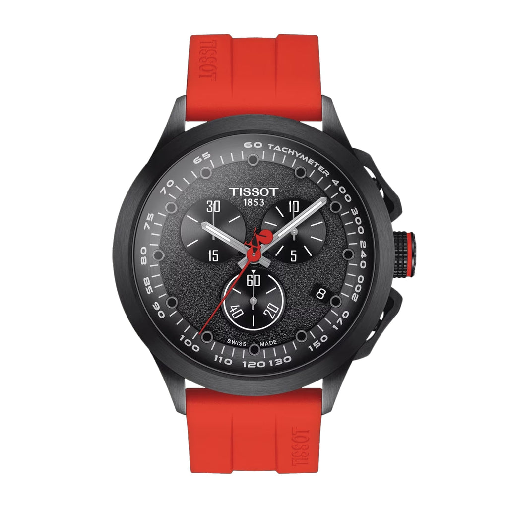 RELOJ TISSOT T-RACE CYLCING LA VUELTA SE2023, CUARZO, ESFERA NEGRA, FAJA DE CAUCHO ROJA, CRONCÓGRAFO, 45 MM
