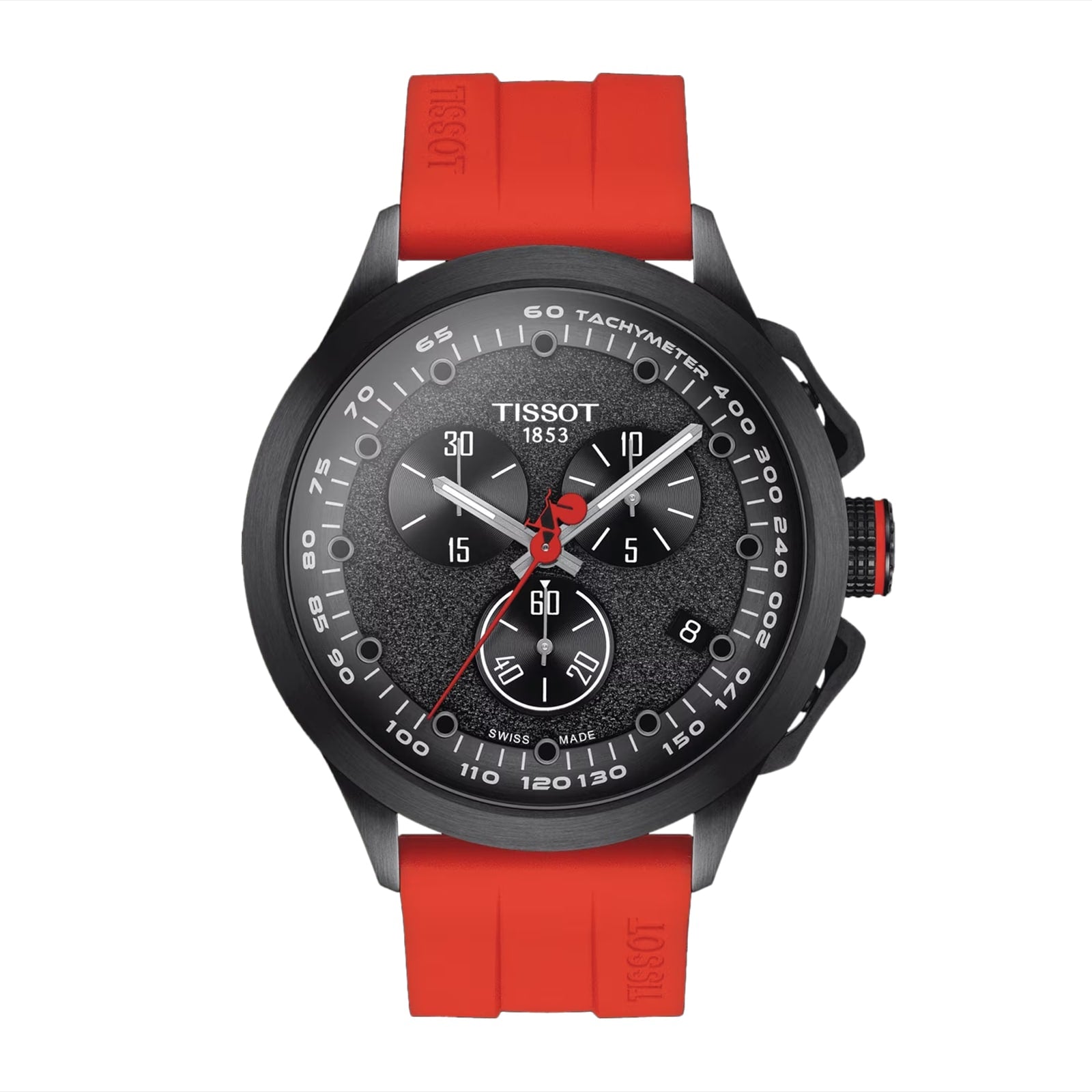 RELOJ TISSOT T-RACE CYLCING LA VUELTA SE2023, CUARZO, ESFERA NEGRA, FAJA DE CAUCHO ROJA, CRONCÓGRAFO, 45 MM