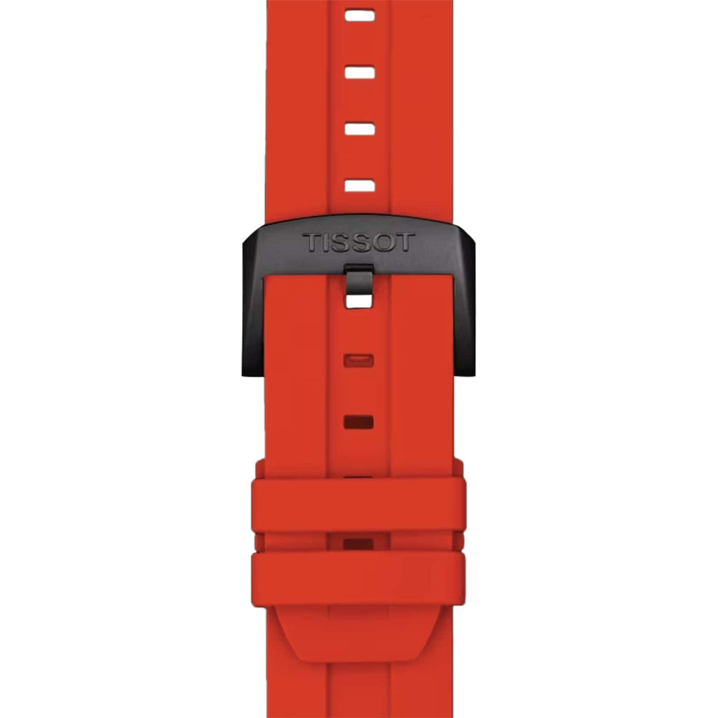 RELOJ TISSOT T-RACE CYLCING LA VUELTA SE2023, CUARZO, ESFERA NEGRA, FAJA DE CAUCHO ROJA, CRONCÓGRAFO, 45 MM