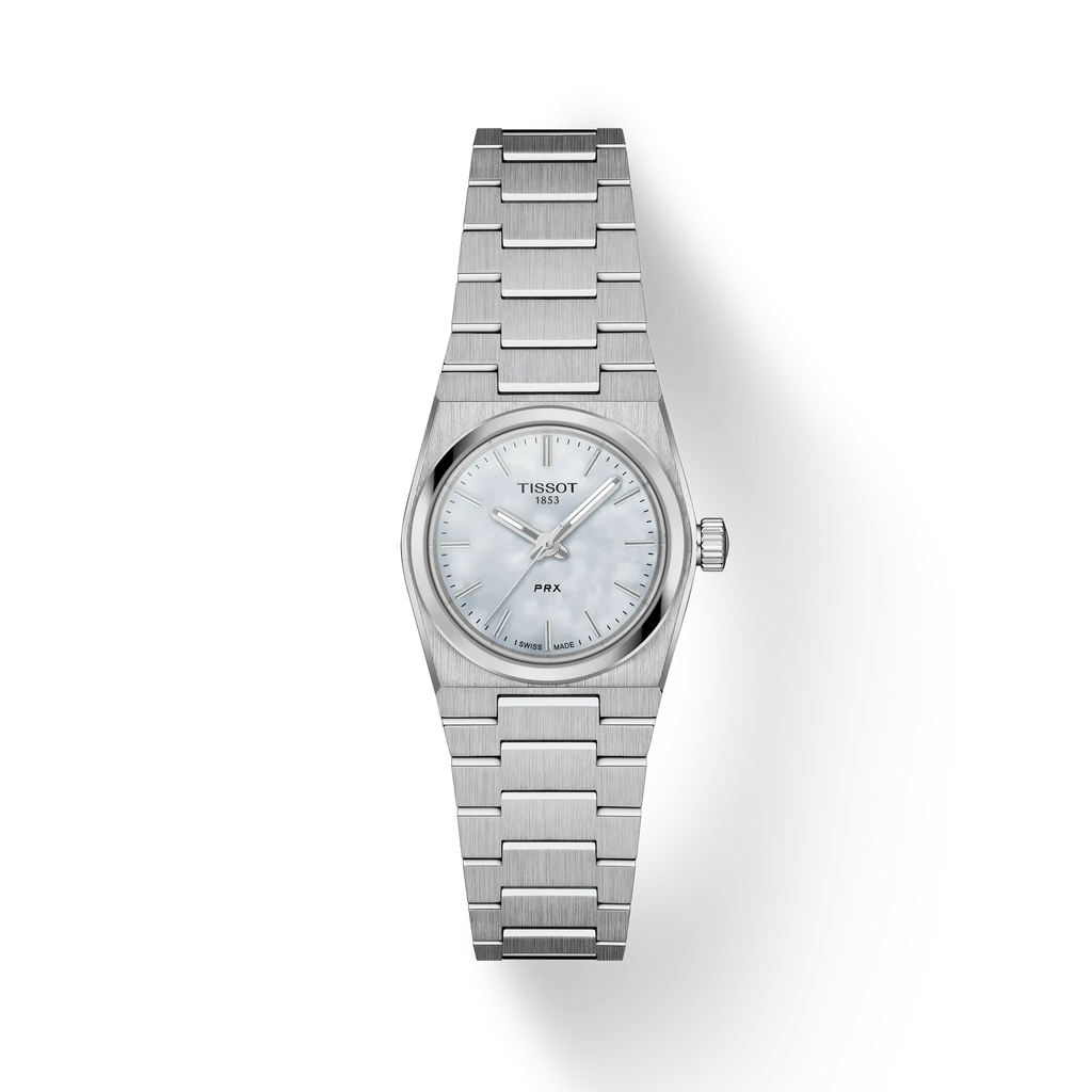 RELOJ TISSOT PRX, CUARZO, ESFERA DE MADRE PERLA BLANCA, BRAZALETE DE ACERO, 25 MM