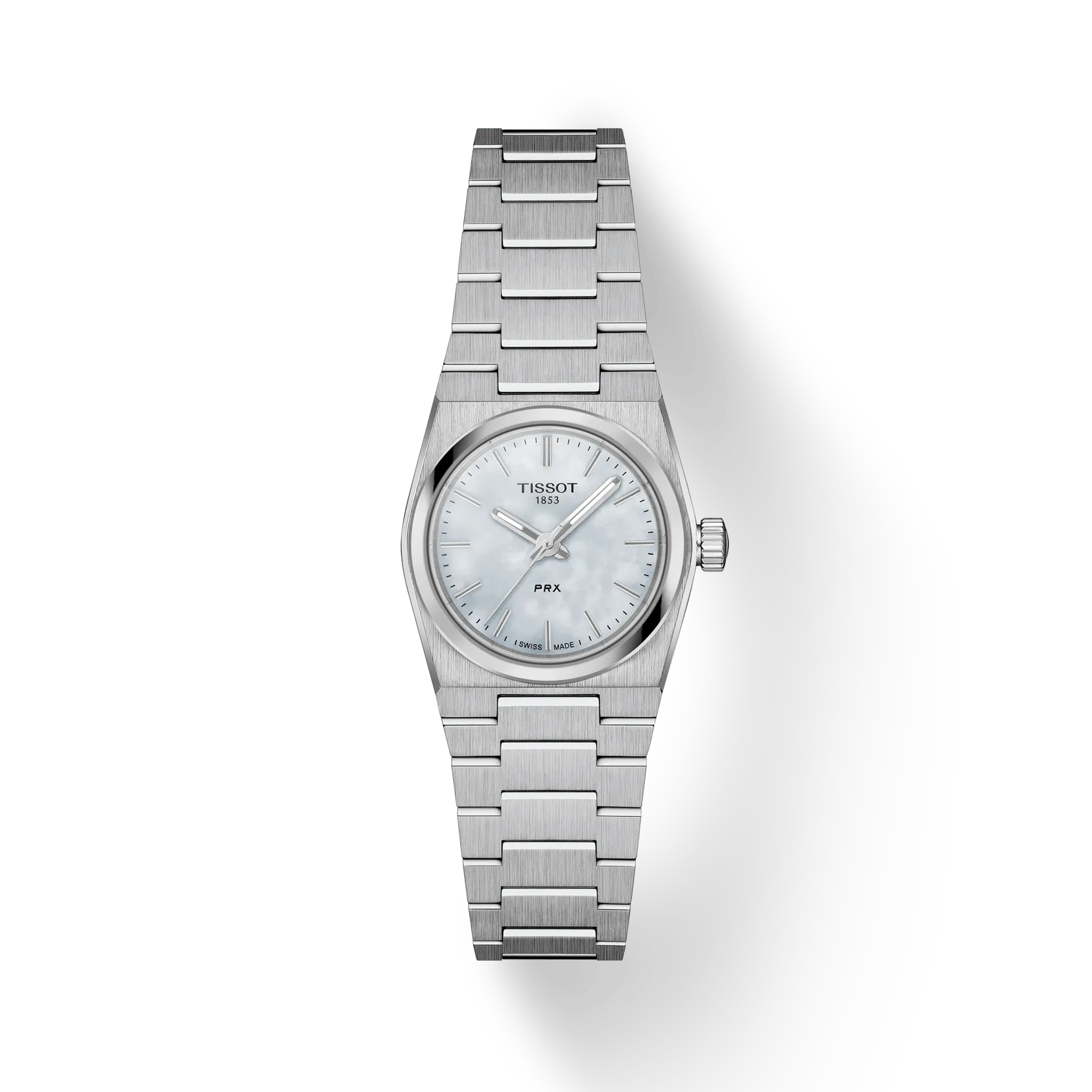 RELOJ TISSOT PRX, CUARZO, ESFERA DE MADRE PERLA BLANCA, BRAZALETE DE ACERO, 25 MM