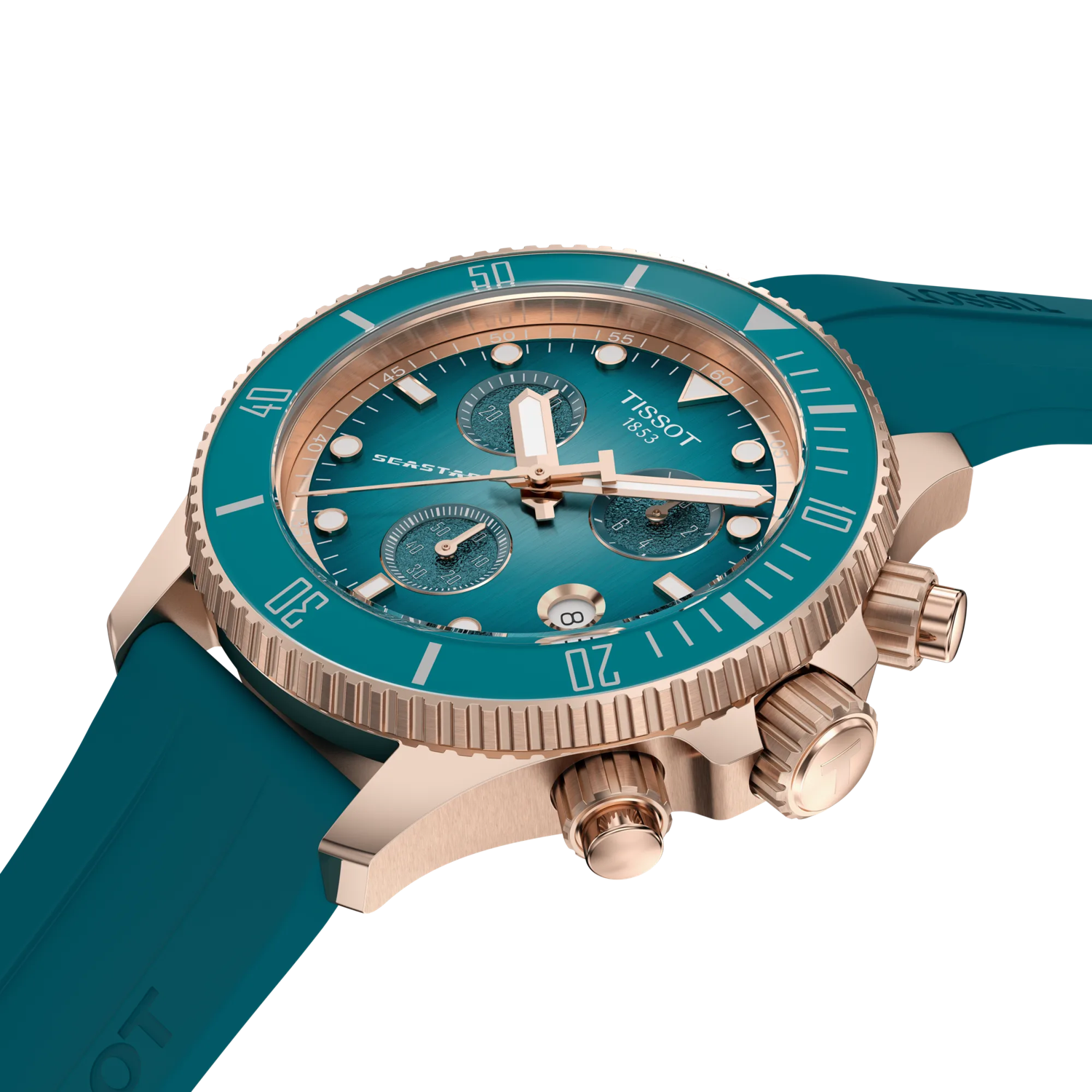 RELOJ TISSOT SEASTAR 1000, CUARZO, ESFERA TURQUESA, BRAZALETE DE CAUCHO TURQUESA, CRONCÓGRAFO, 38 MM