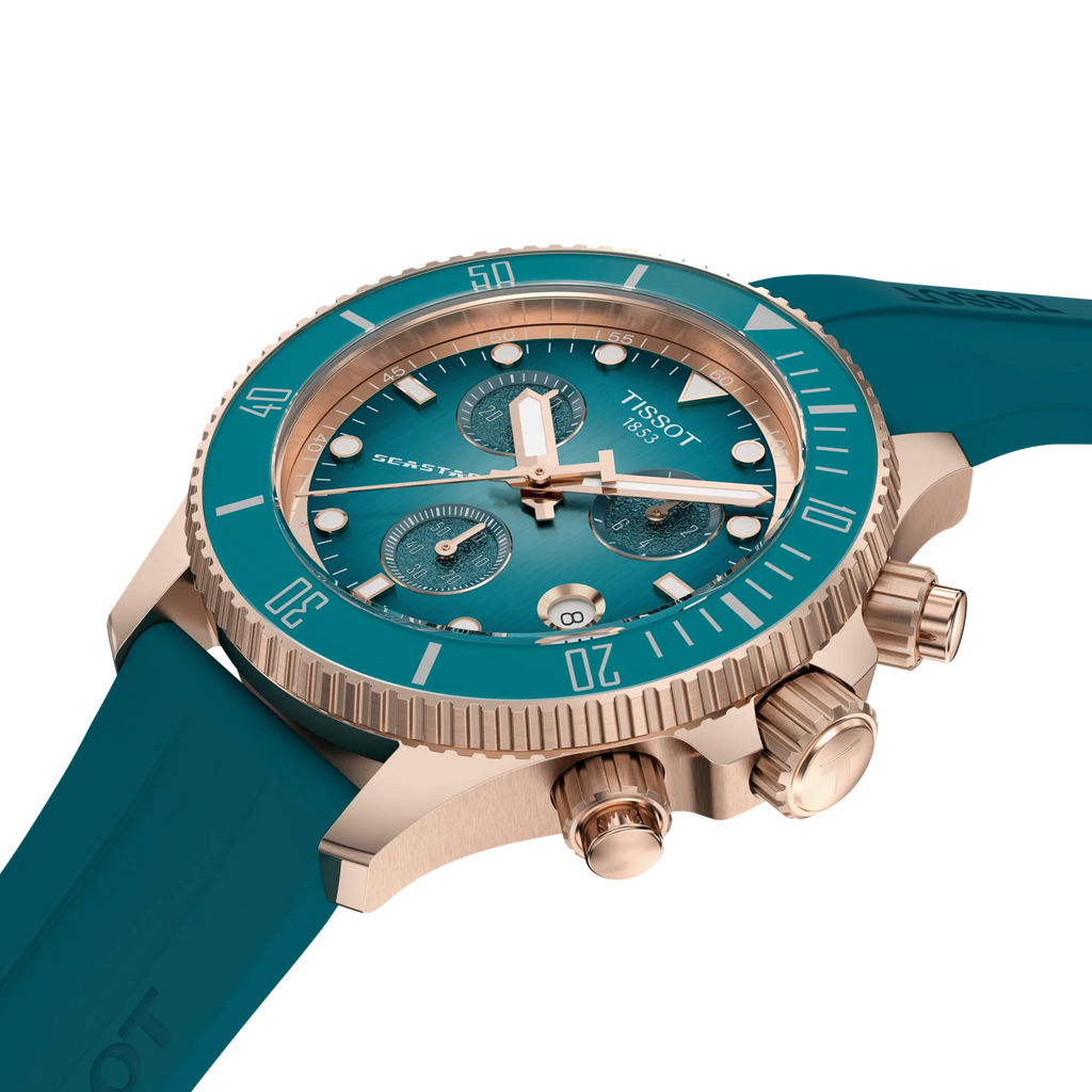 RELOJ TISSOT SEASTAR 1000, CUARZO, ESFERA TURQUESA, BRAZALETE DE CAUCHO TURQUESA, CRONCÓGRAFO, 38 MM