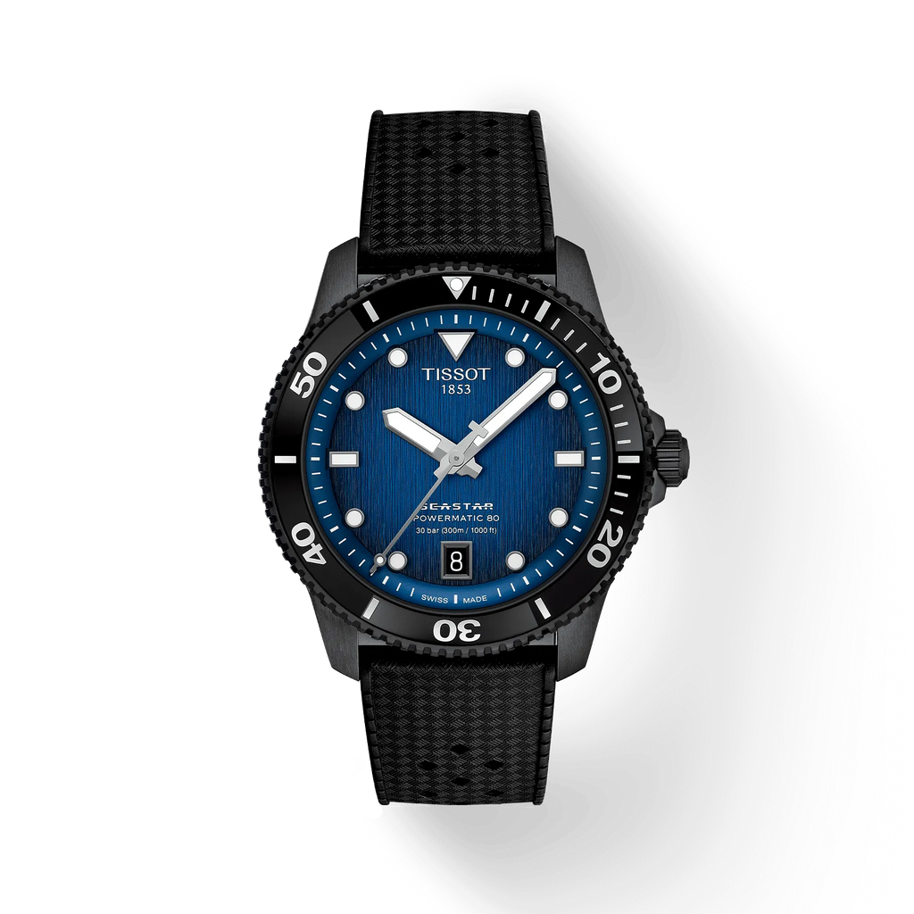 RELOJ TISSOT SEASTAR 1000, AUTOMCÁTICO, ESFERA AZUL, FAJA DE CAUCHO NEGRO, FECHA, 40 MM