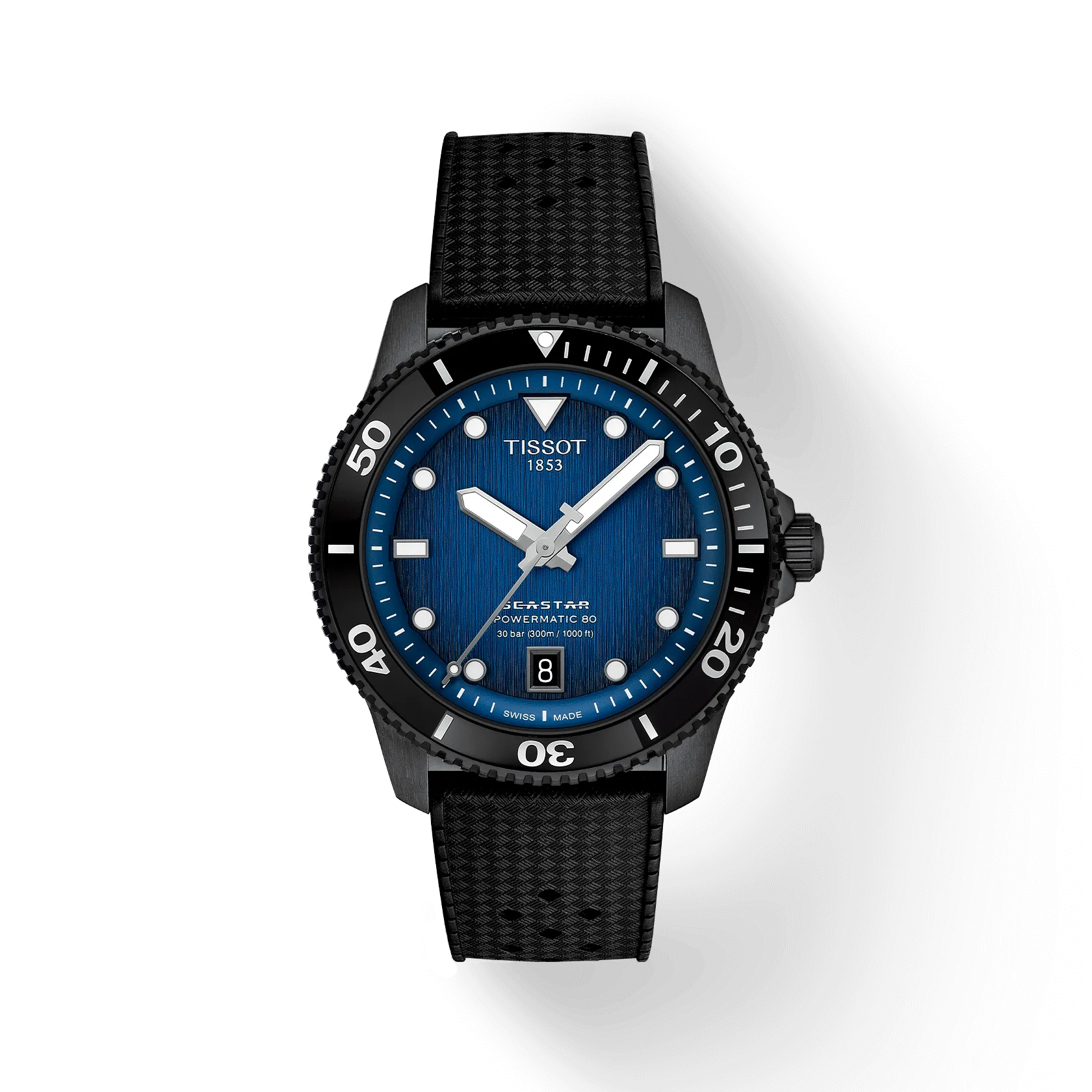 RELOJ TISSOT SEASTAR 1000, AUTOMCÁTICO, ESFERA AZUL, FAJA DE CAUCHO NEGRO, FECHA, 40 MM