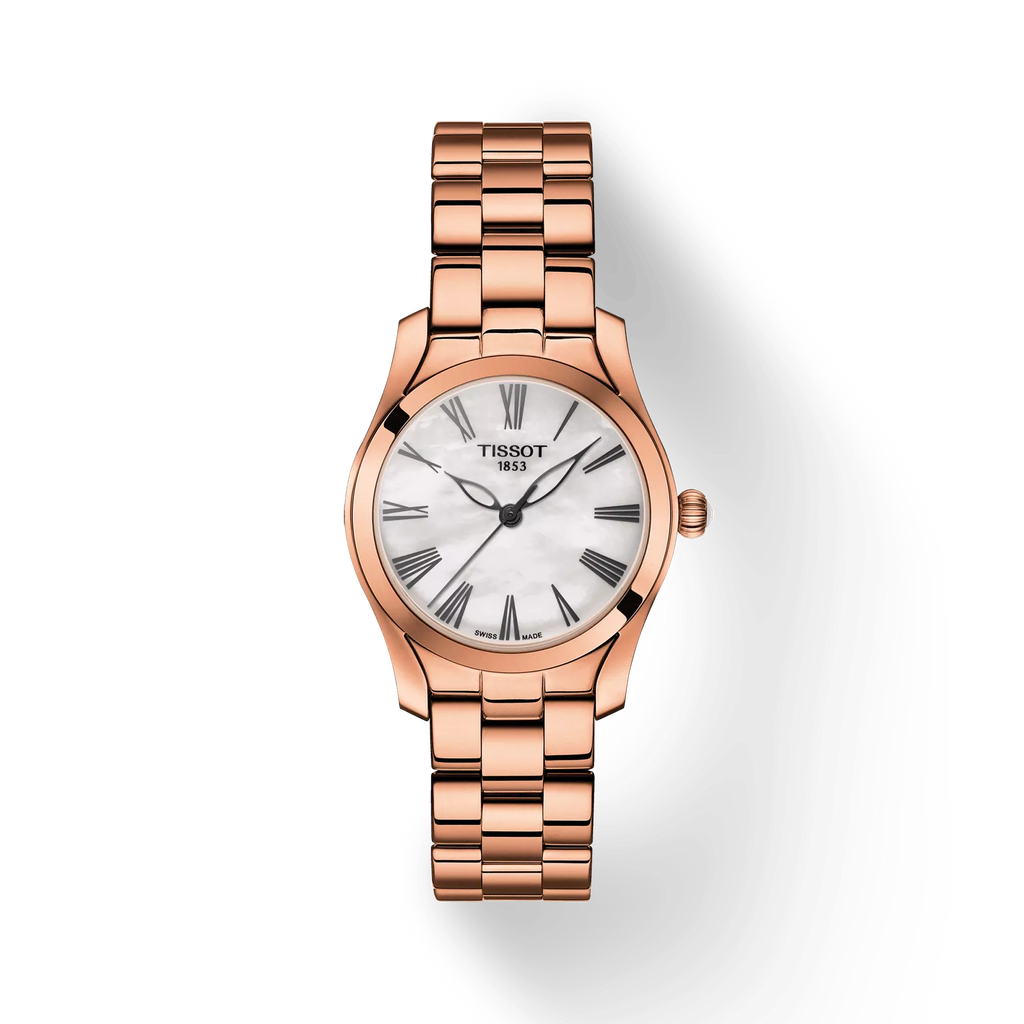 RELOJ TISSOT T-WAVE, CUARZO, ESFERA DE MADRE PERLA BLANCA, BRAZALETE DE ACERO PVD, 30 MM