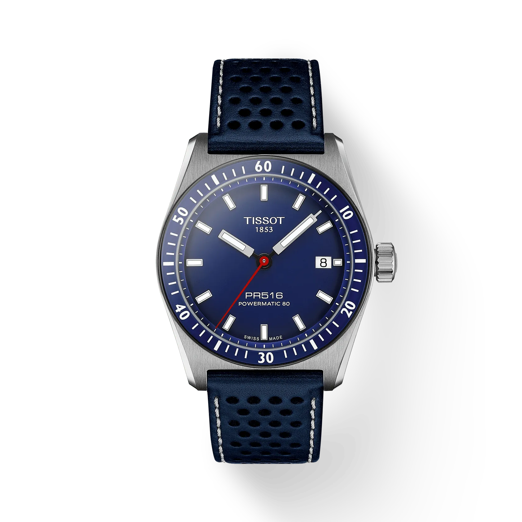 RELOJ TISSOT PR516, AUTOMCÁTICO, ESFERA AZUL, FAJA DE CUERO AZUL, FECHA, 38 MM