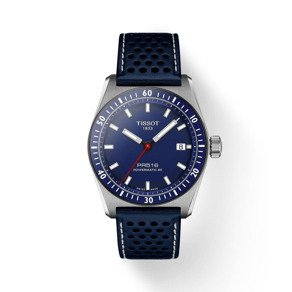 RELOJ TISSOT PR516, AUTOMCÁTICO, ESFERA AZUL, FAJA DE CUERO AZUL, FECHA, 38 MM