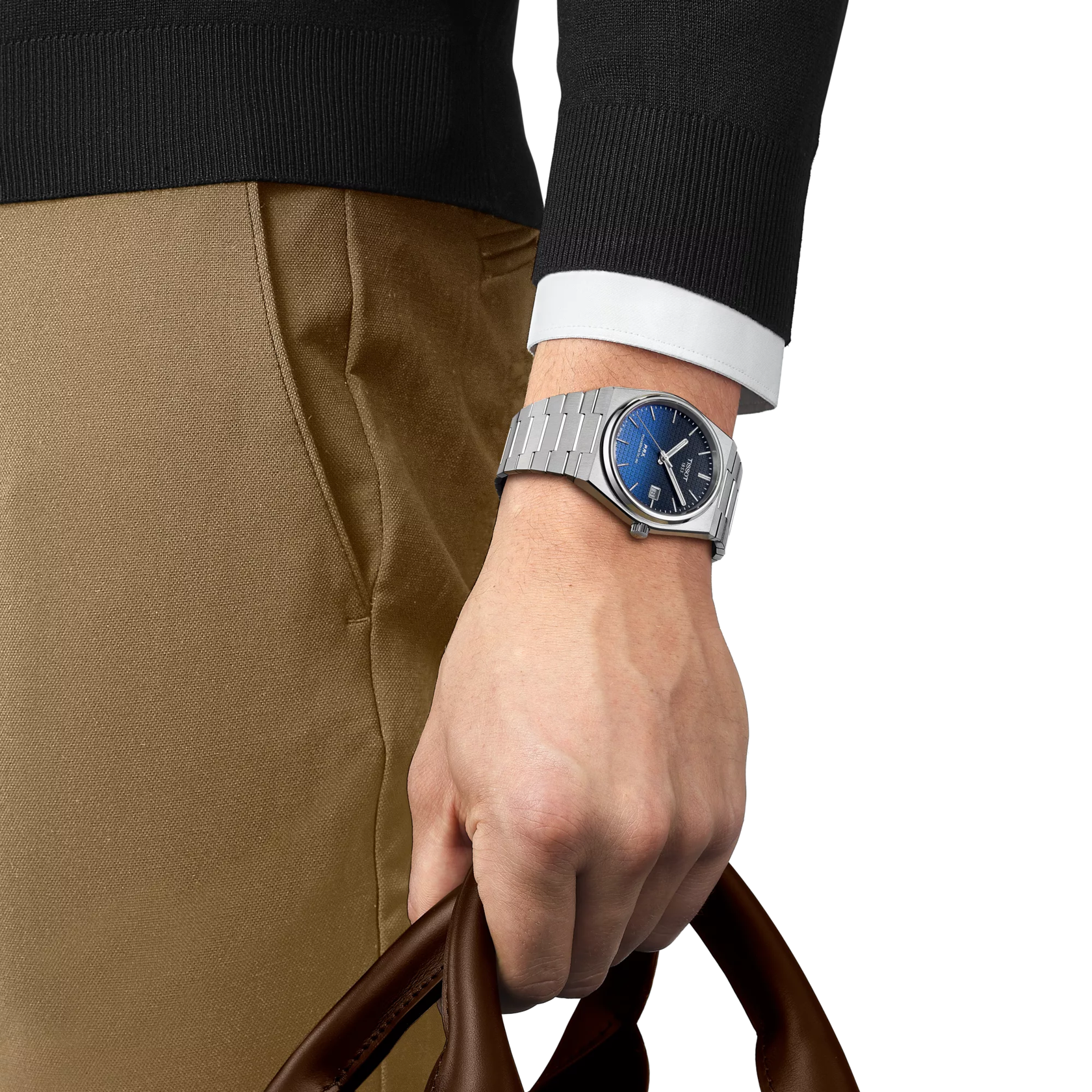 RELOJ TISSOT PRX, AUTOMCÁTICO, ESFERA AZUL CAMALECÓNICO, BRAZALETE DE ACERO, FECHA, 40 MM