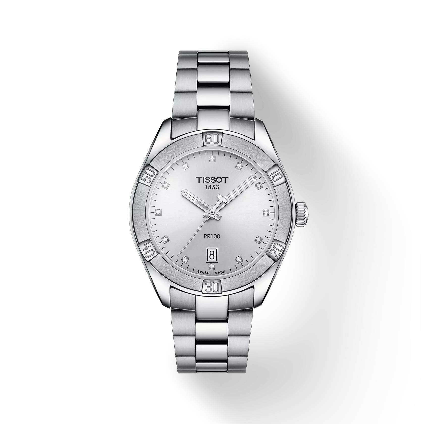 RELOJ TISSOT PR 100, CUARZO, ESFERA GRIS, BRAZALETE DE ACERO, FECHA, 36 MM