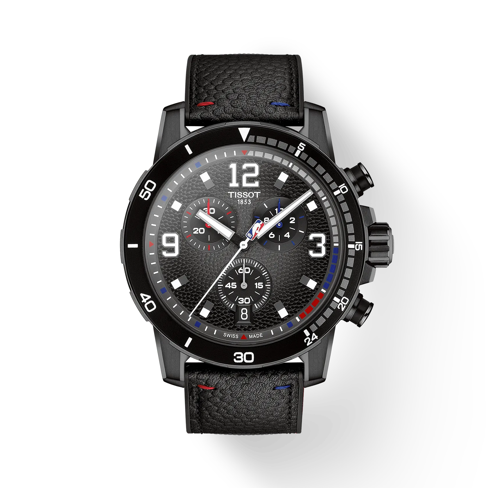RELOJ TISSOT SUPERSPORT NBA EDICICÓN ESPECIAL, CUARZO, ESFERA NEGRA, BRAZALETE DE CUERO NEGRO, CRONCÓGRAFO, 45.5 MM
