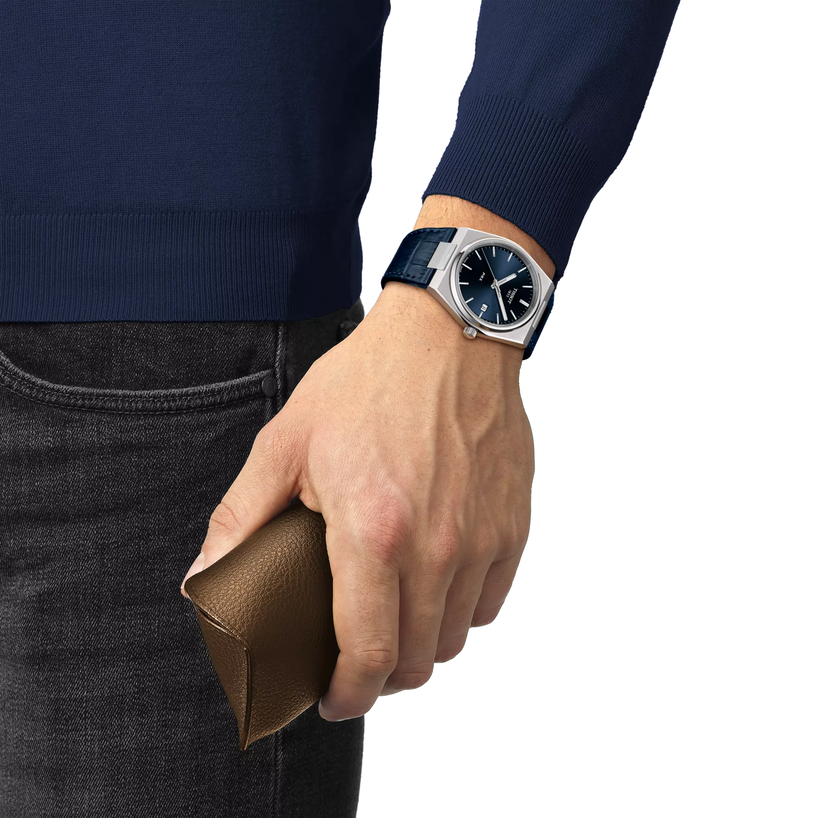 RELOJ TISSOT PRX, CUARZO, ESFERA AZUL, FAJA DE CUERO AZUL, FECHA, 40 MM