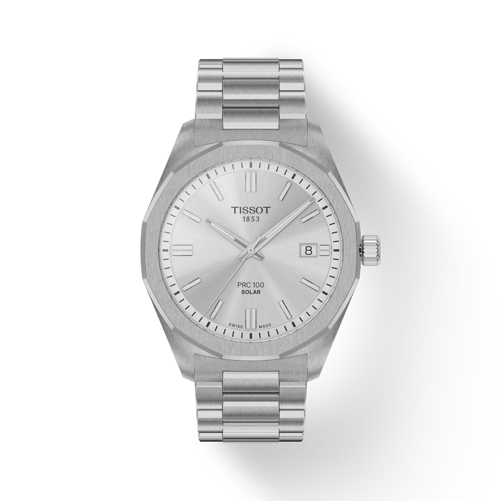 RELOJ TISSOT PR100 SOLAR, ESFERA GRIS, BRAZALETE DE ACERO, FECHA, 39 MM
