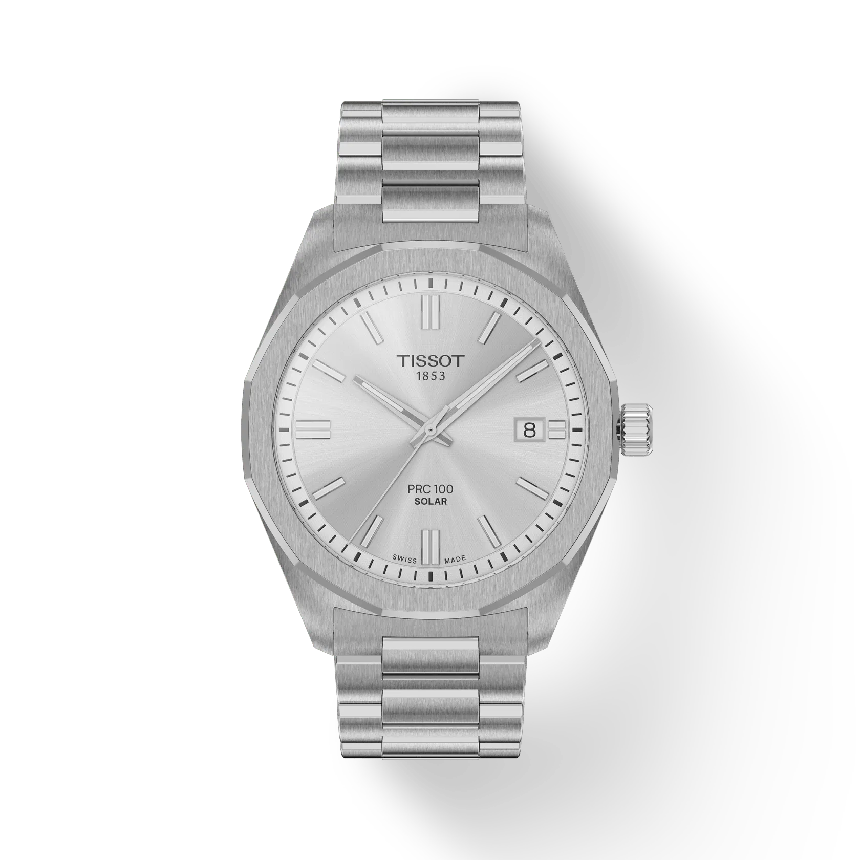 RELOJ TISSOT PR100 SOLAR, ESFERA GRIS, BRAZALETE DE ACERO, FECHA, 39 MM