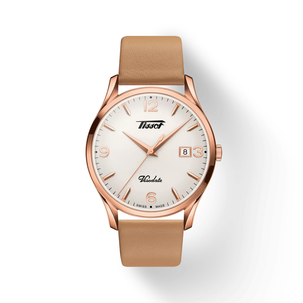 RELOJ TISSOT HERITAGE VISODATE, CUARZO, ESFERA NEGRA, FAJA DE CUERO MARRCÓN, FECHA, 40 MM