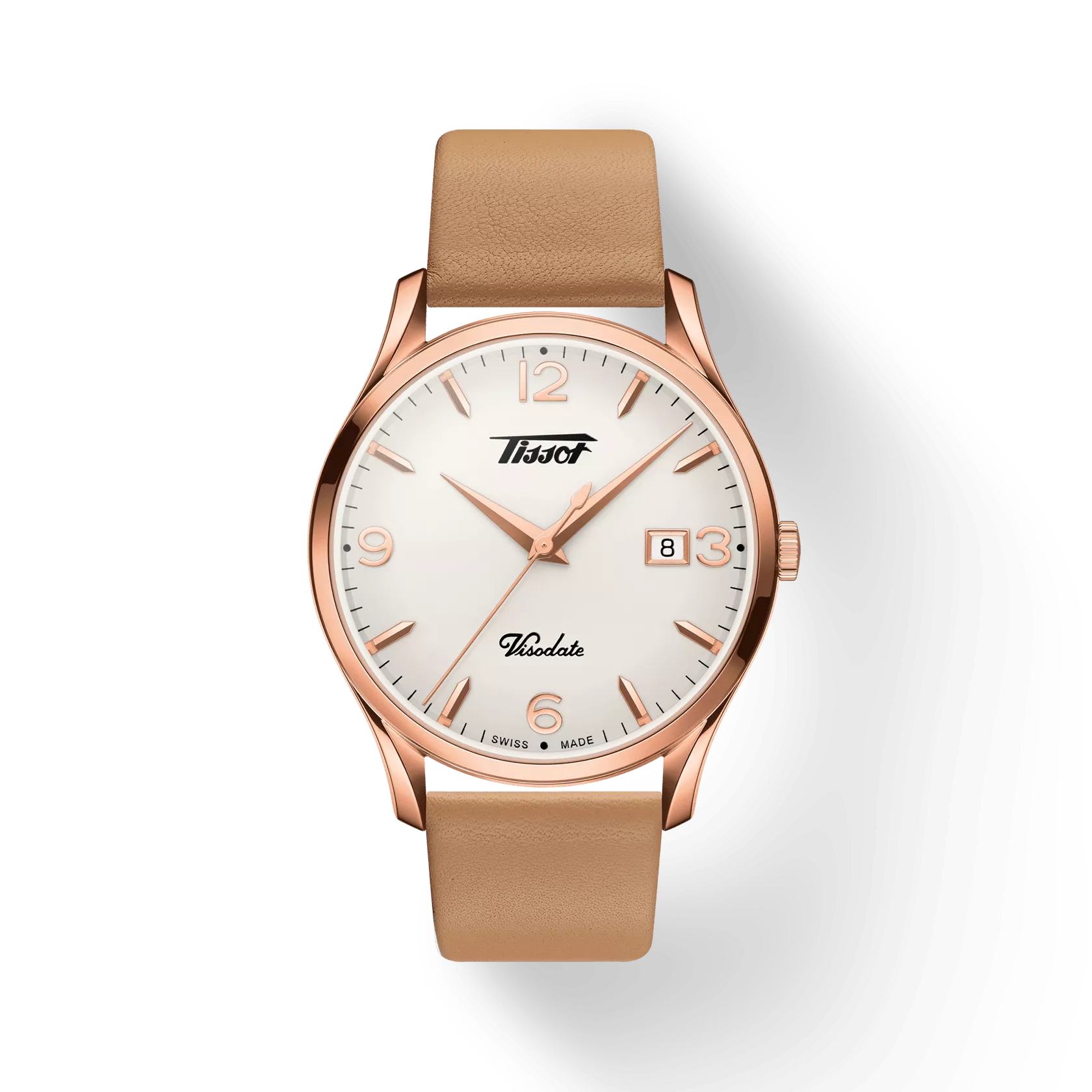 RELOJ TISSOT HERITAGE VISODATE, CUARZO, ESFERA NEGRA, FAJA DE CUERO MARRCÓN, FECHA, 40 MM