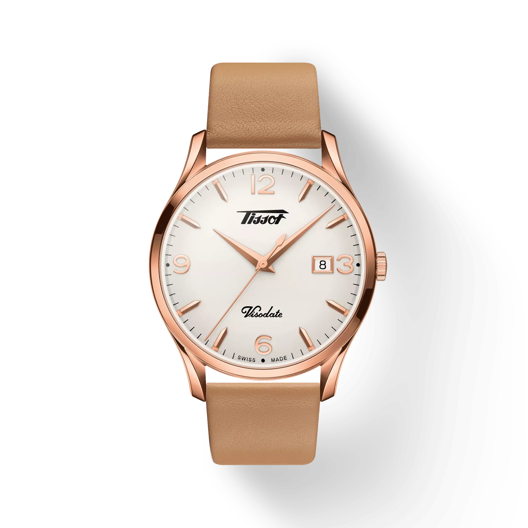 RELOJ TISSOT HERITAGE VISODATE, CUARZO, ESFERA NEGRA, FAJA DE CUERO MARRCÓN, FECHA, 40 MM