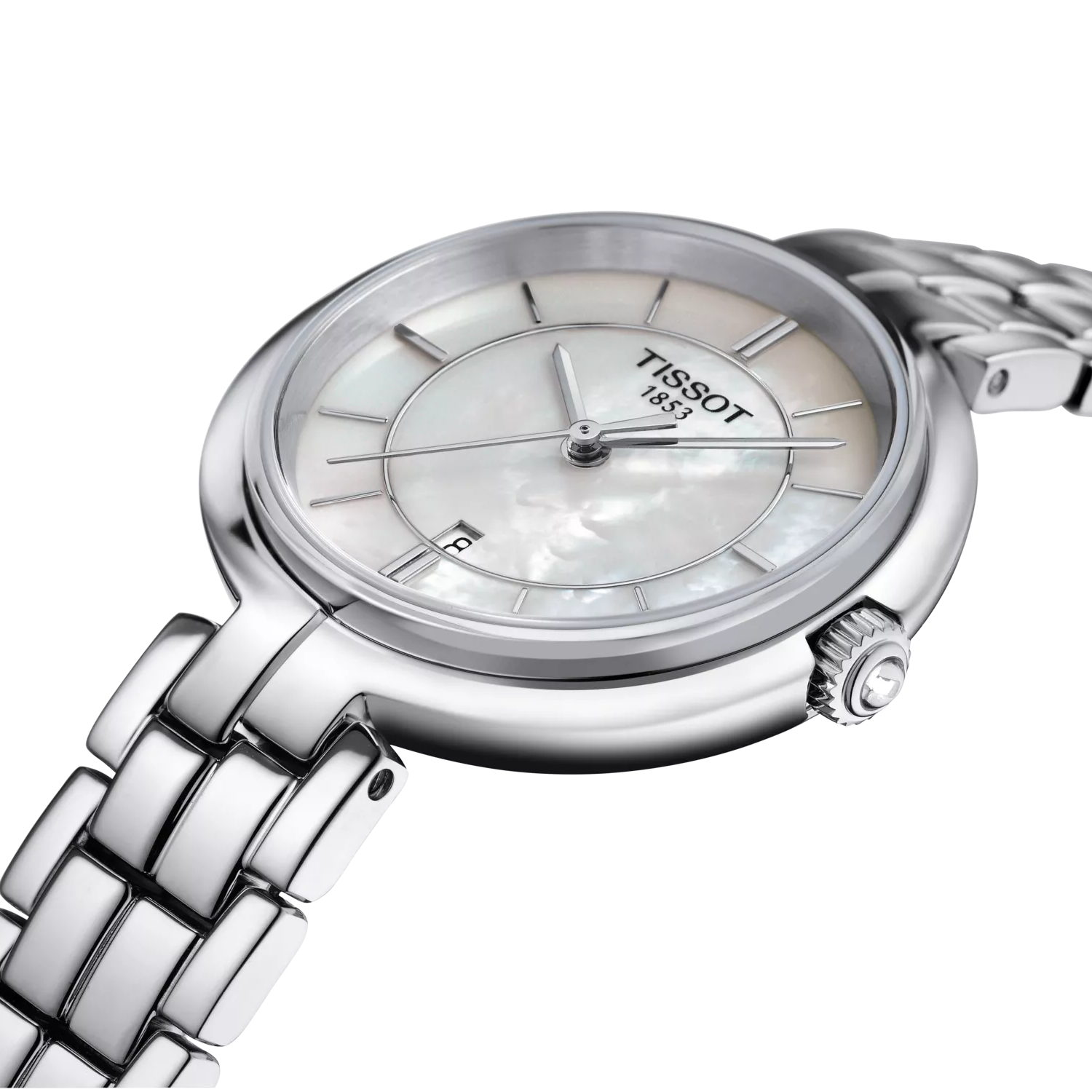 RELOJ TISSOT FLAMINGO, CUARZO, ESFERA DE MADRE PERLA BLANCA, BRAZALETE DE ACERO, 30 MM