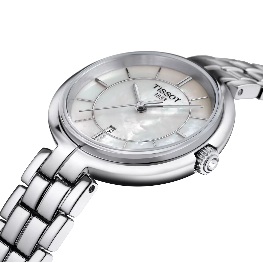 RELOJ TISSOT FLAMINGO, CUARZO, ESFERA DE MADRE PERLA BLANCA, BRAZALETE DE ACERO, 30 MM