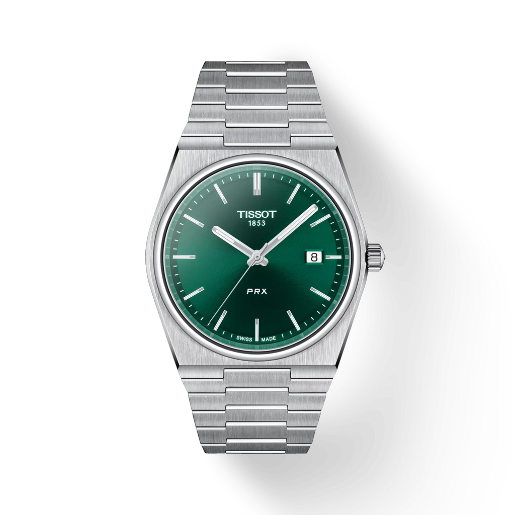 RELOJ TISSOT PRX, CUARZO, ESFERA VERDE, BRAZALETE DE ACERO, FECHA, 40 MM