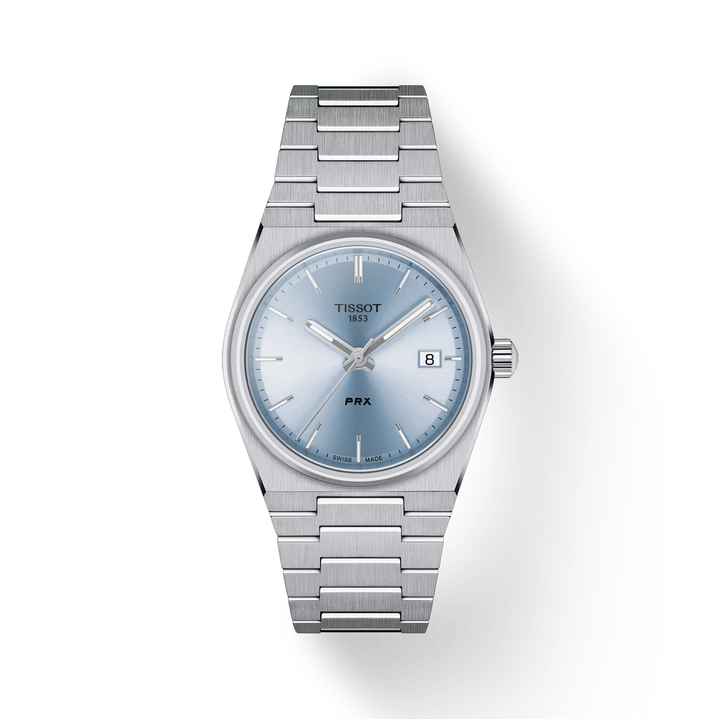 RELOJ TISSOT PRX, CUARZO, ESFERA CELESTE, BRAZALETE DE ACERO, FECHA, 35 MM