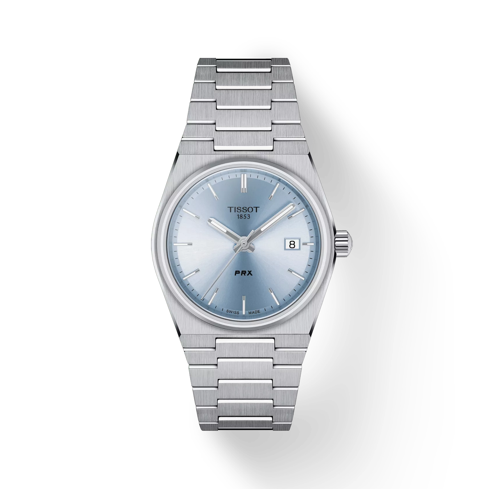 RELOJ TISSOT PRX, CUARZO, ESFERA CELESTE, BRAZALETE DE ACERO, FECHA, 35 MM