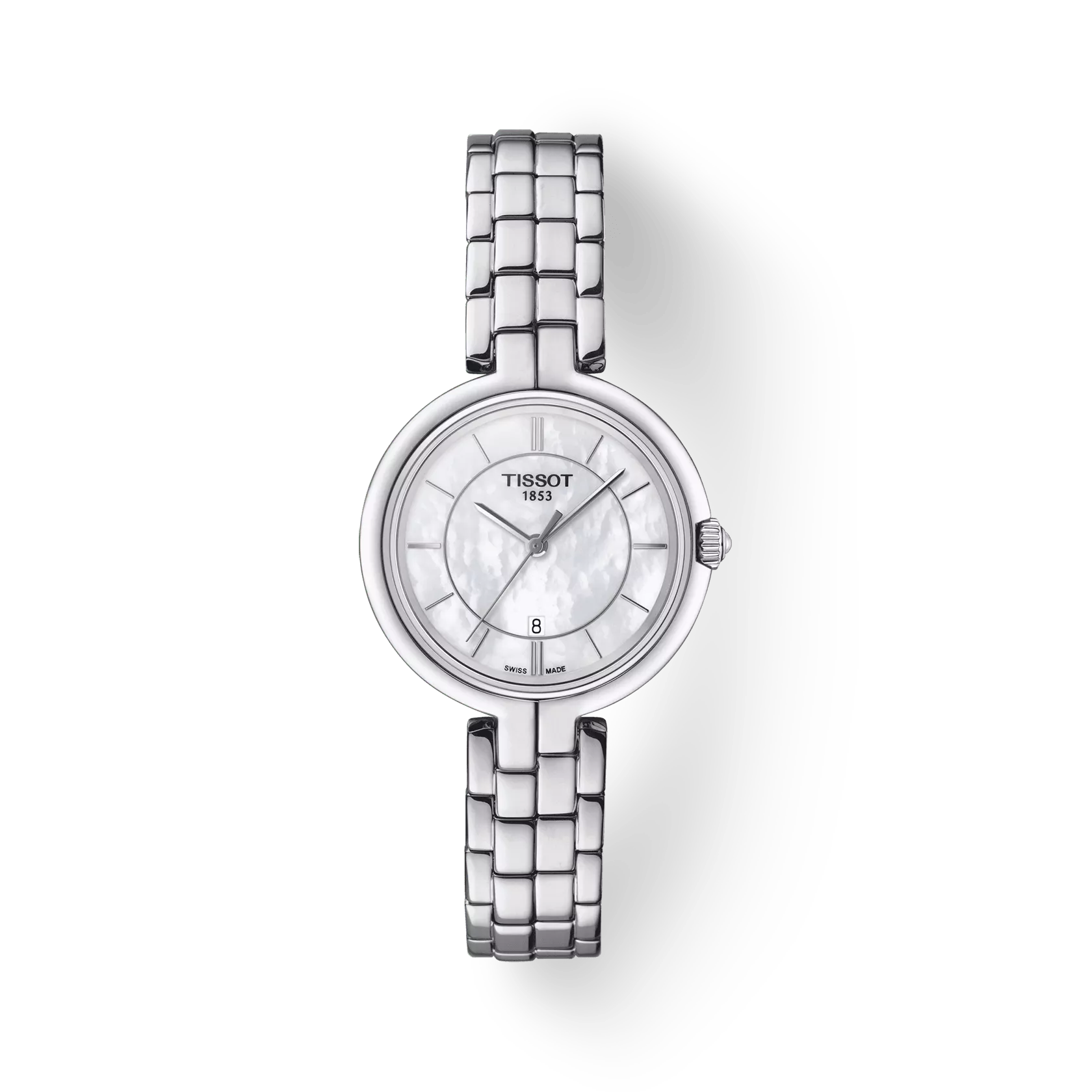 RELOJ TISSOT FLAMINGO, CUARZO, ESFERA DE MADRE PERLA BLANCA, BRAZALETE DE ACERO, 30 MM