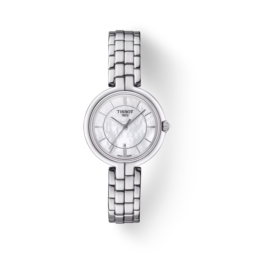 RELOJ TISSOT FLAMINGO, CUARZO, ESFERA DE MADRE PERLA BLANCA, BRAZALETE DE ACERO, 30 MM