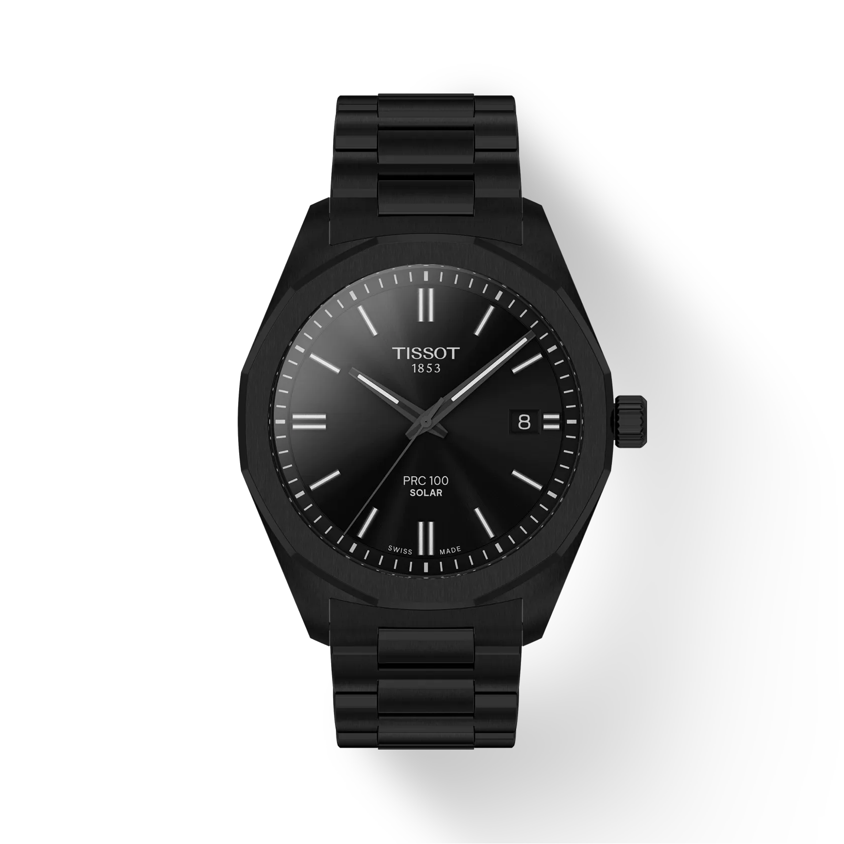 RELOJ TISSOT PR100 SOLAR, ESFERA NEGRA, BRAZALETE DE ACERO PVD NEGRO, FECHA, 39 MM