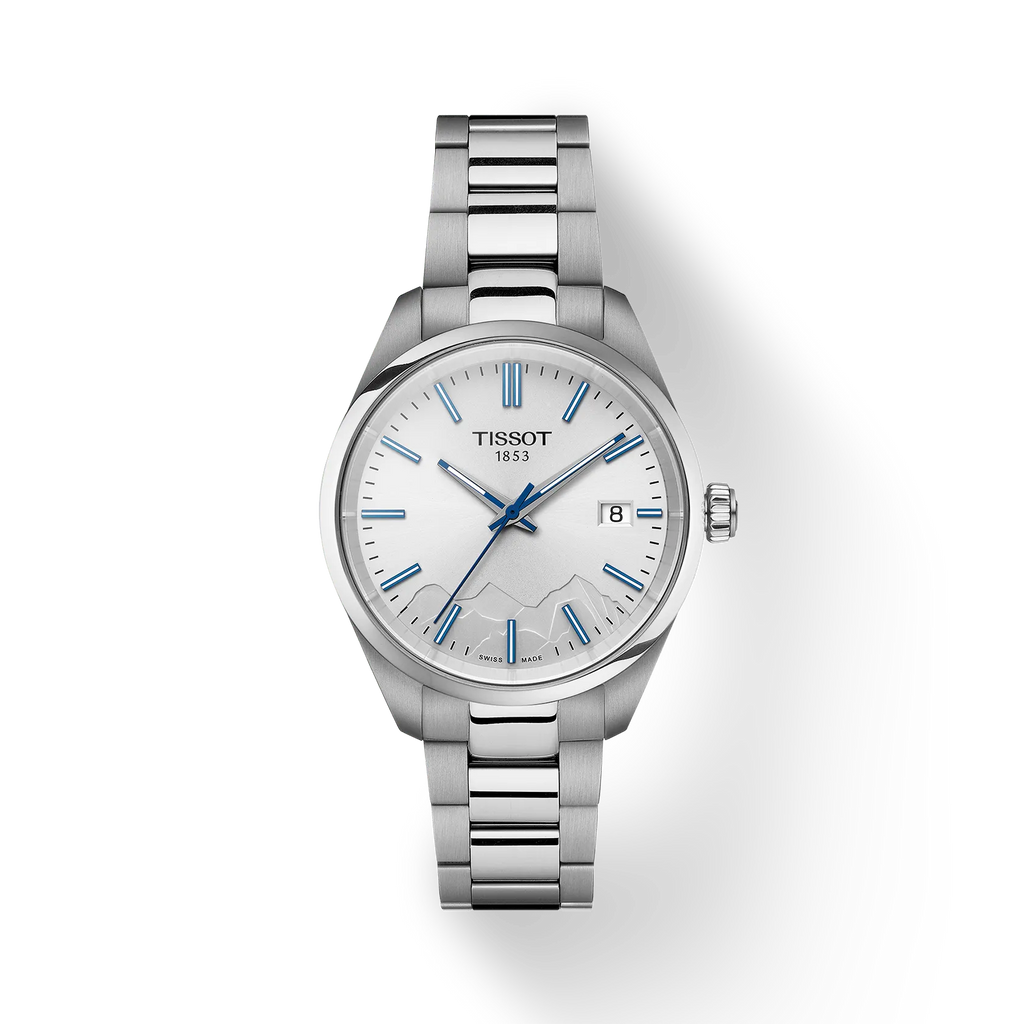 RELOJ TISSOT PR 100 JUNGFRAUBAHN, CUARZO, ESFERA GRIS, BRAZALETE DE ACERO GRIS, 34 MM