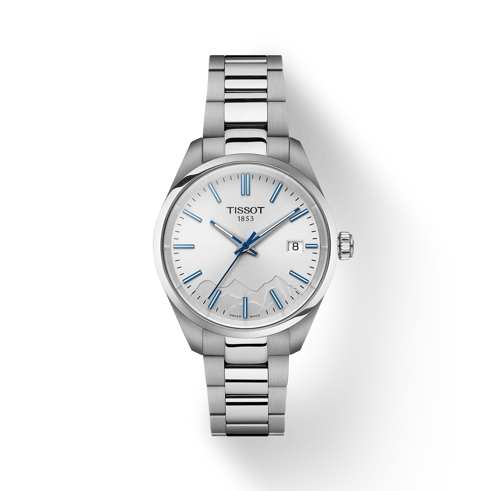 RELOJ TISSOT PR 100 JUNGFRAUBAHN, CUARZO, ESFERA GRIS, BRAZALETE DE ACERO GRIS, 34 MM