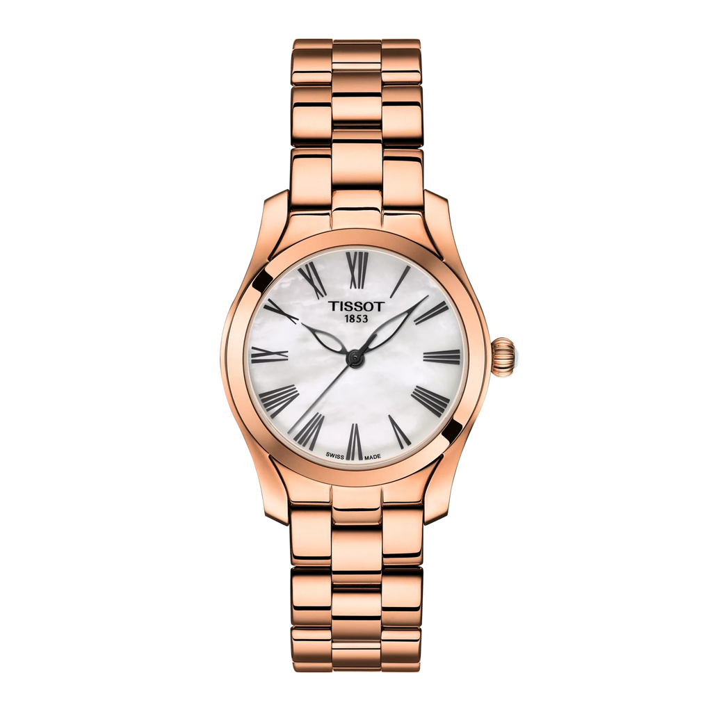 RELOJ TISSOT T-WAVE, CUARZO, ESFERA DE MADRE PERLA BLANCA, BRAZALETE DE ACERO PVD, 30 MM