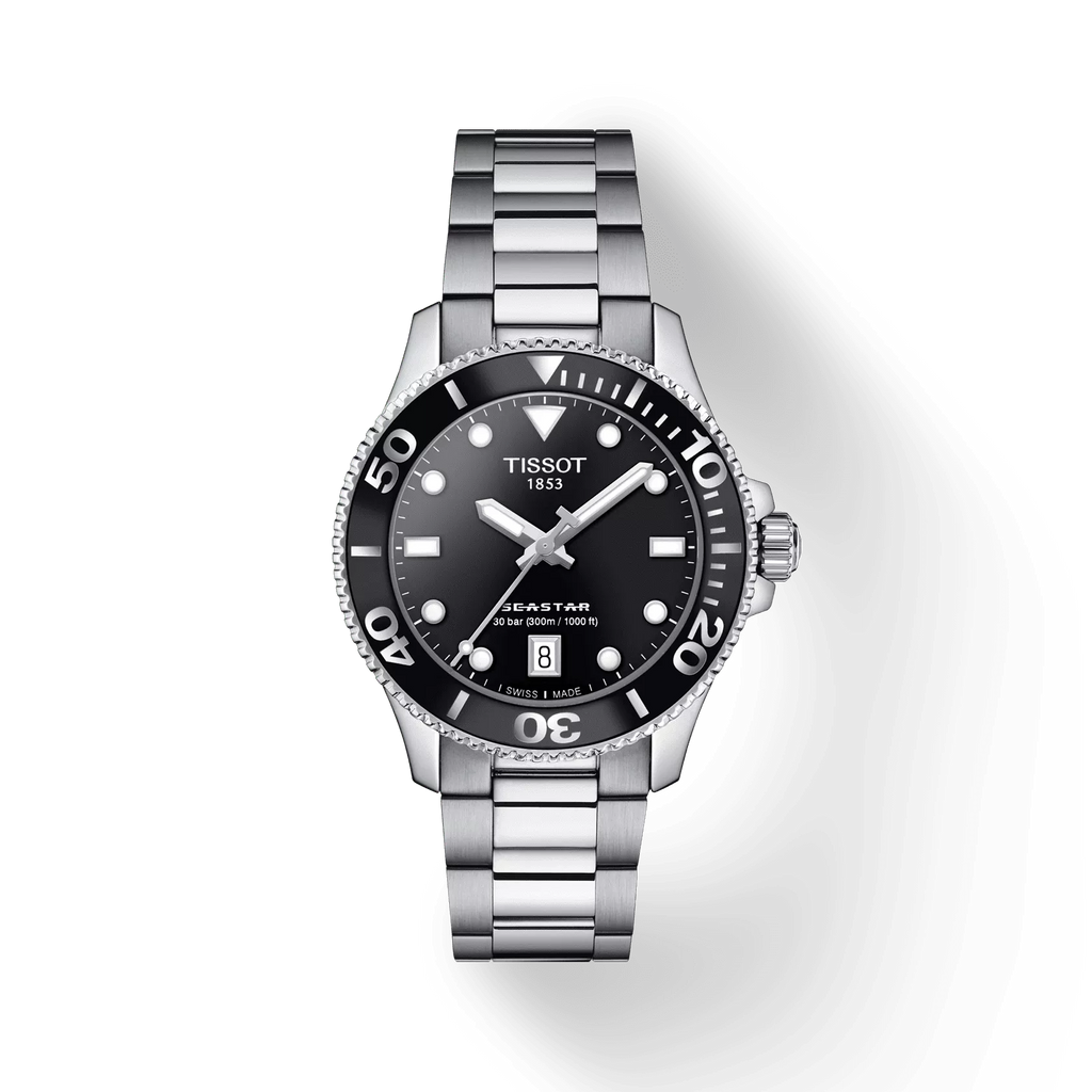 RELOJ TISSOT SEASTAR 1000, CUARZO, ESFERA NEGRA, BRAZALETE DE ACERO, FECHA, 36 MM, HELVETIE