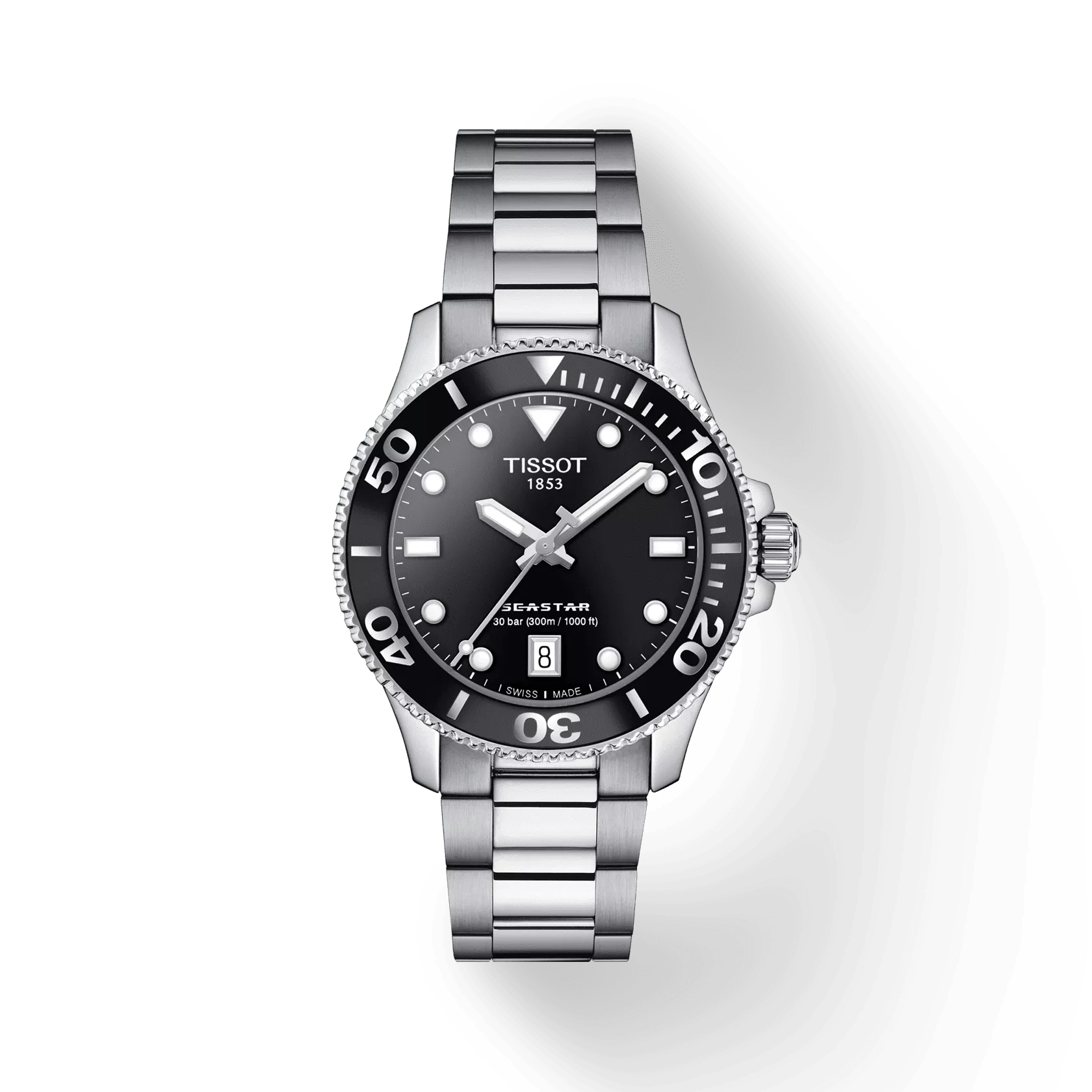RELOJ TISSOT SEASTAR 1000, CUARZO, ESFERA NEGRA, BRAZALETE DE ACERO, FECHA, 36 MM, HELVETIE