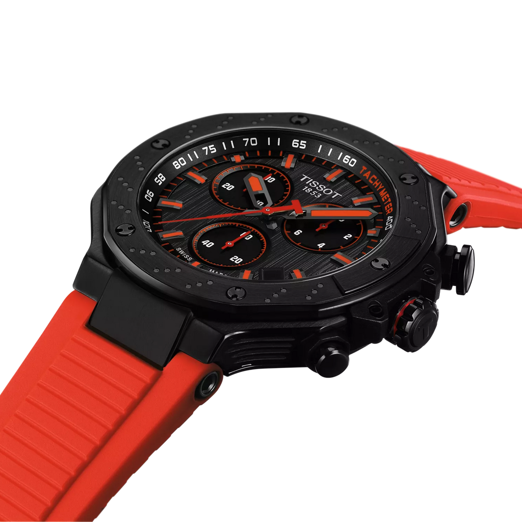 RELOJ TISSOT T-RACE, CUARZO, ESFERA NEGRA, FAJA DE CAUCHO ROJA, CRONCÓGRAFO, 45 MM