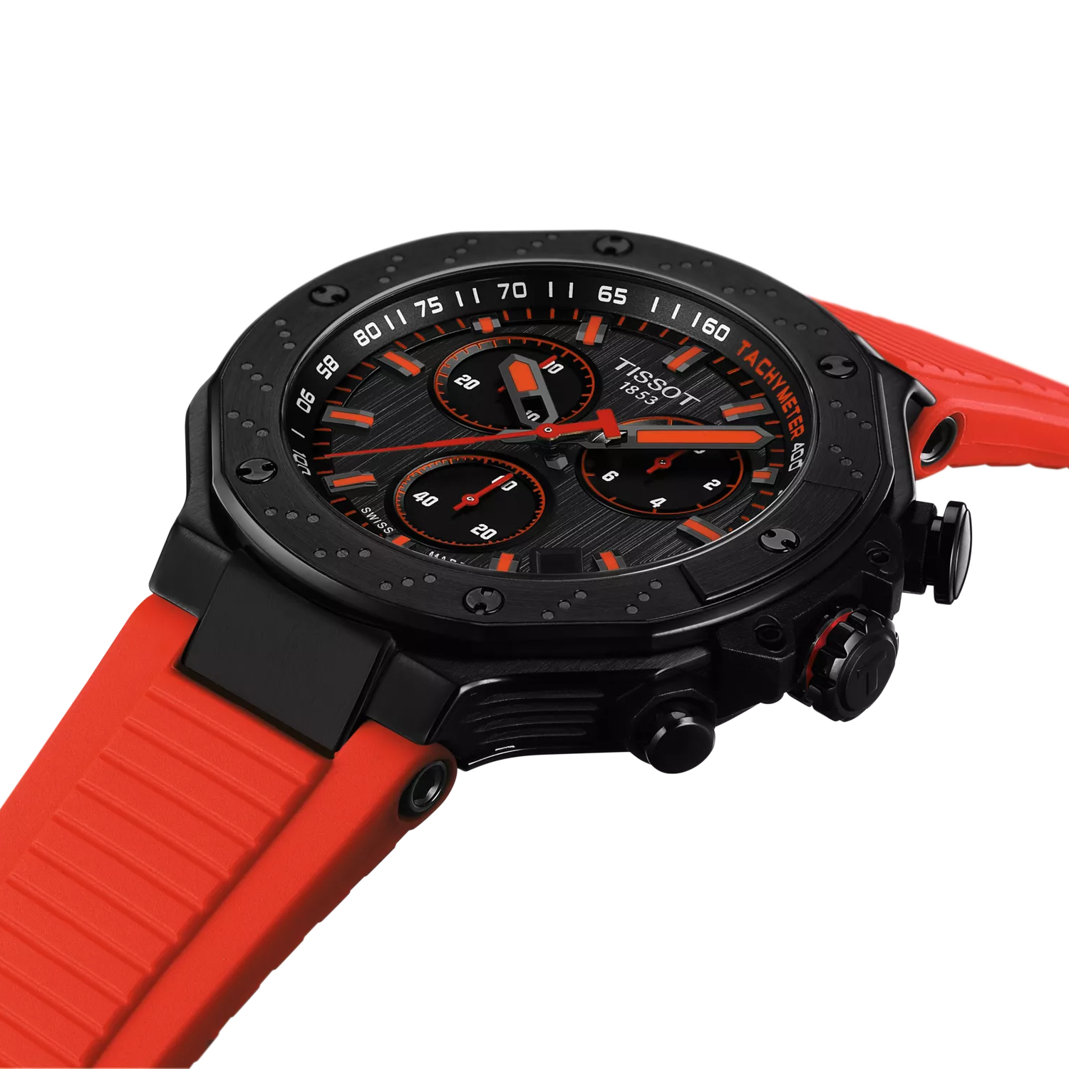 RELOJ TISSOT T-RACE, CUARZO, ESFERA NEGRA, FAJA DE CAUCHO ROJA, CRONCÓGRAFO, 45 MM