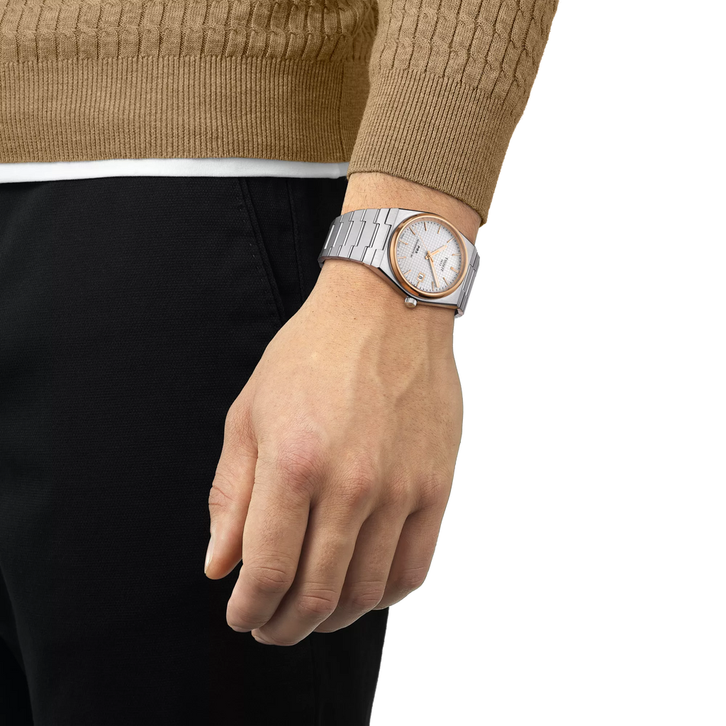 RELOJ TISSOT PRX, AUTOMCÁTICO, ESFERA GRIS, BRAZALETE DE ACERO, FECHA, 40 MM