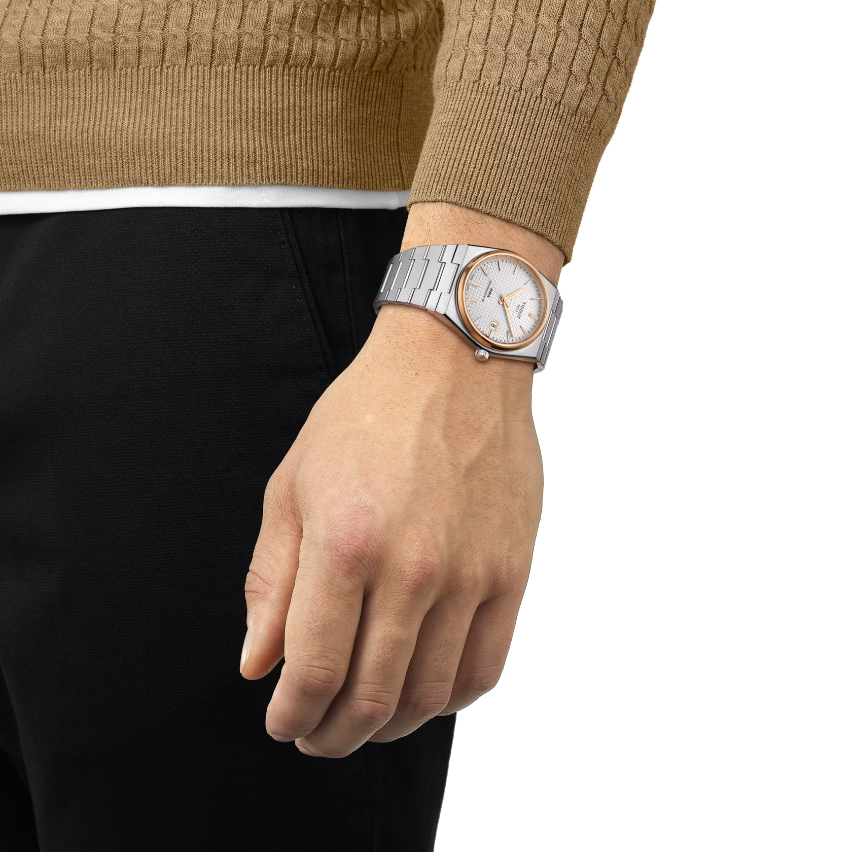 RELOJ TISSOT PRX, AUTOMCÁTICO, ESFERA GRIS, BRAZALETE DE ACERO, FECHA, 40 MM