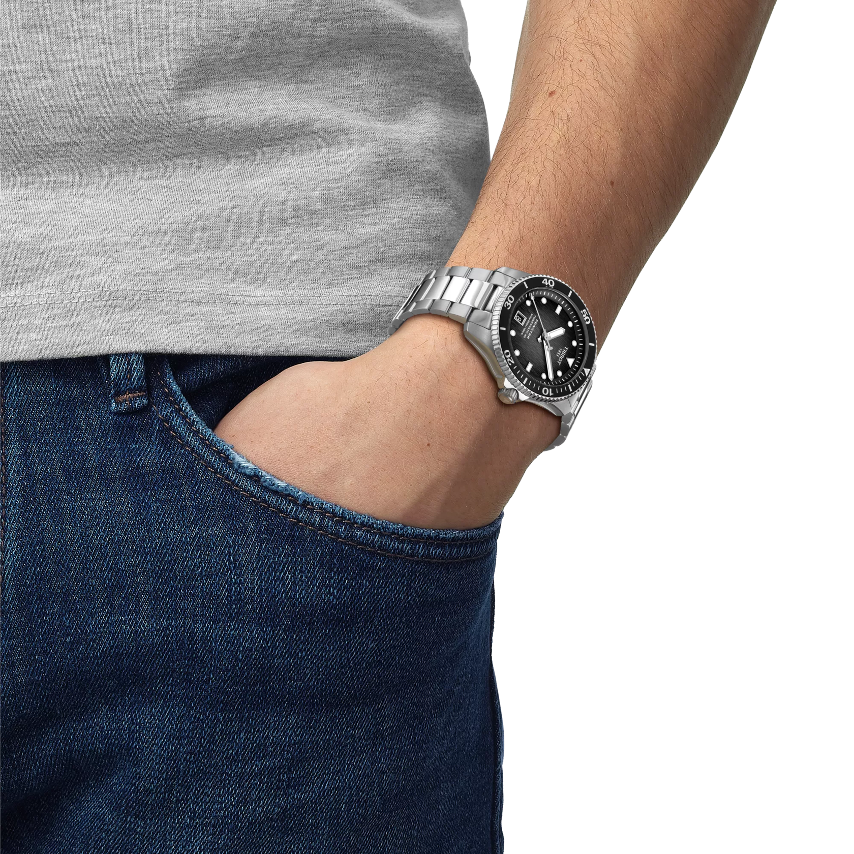 RELOJ TISSOT SEASTAR 1000, AUTOMCÁTICO, ESFERA NEGRA, BRAZALETE DE ACERO, FECHA, 40 MM