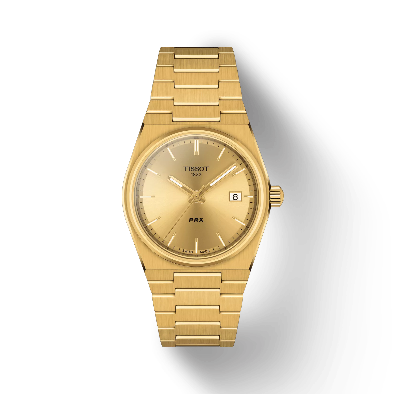RELOJ TISSOT PRX, CUARZO, ESFERA DORADA, BRAZALETE DE ACERO PVD TONO ORO, FECHA