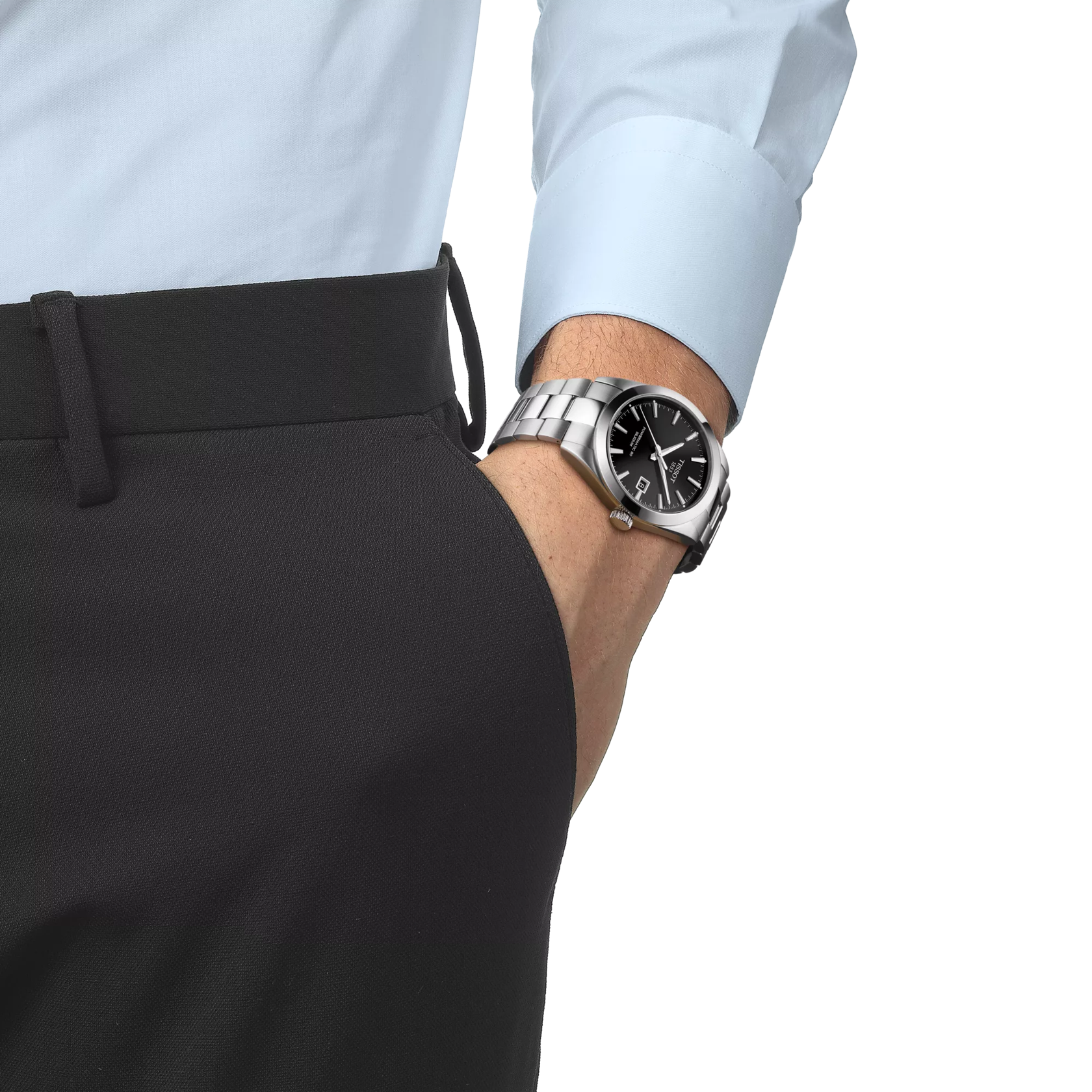 RELOJ TISSOT GENTLEMAN, AUTOMCÁTICO, ESFERA NEGRA, BRAZALETE DE ACERO, FECHA, 40 MM