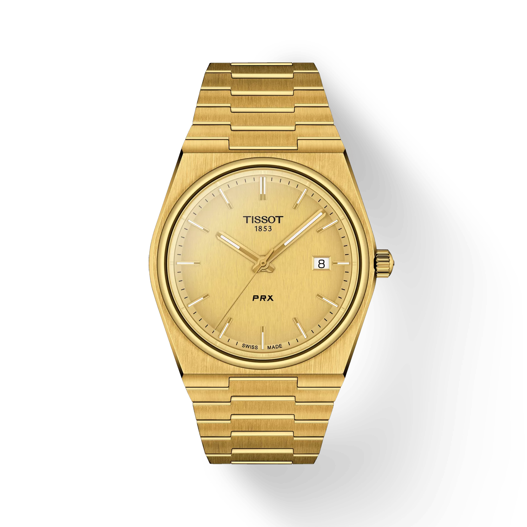 RELOJ TISSOT PRX, CUARZO, ESFERA DORADA, BRAZALETE DE ACERO PVD TONO ORO, FECHA, 40 MM