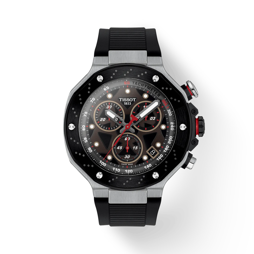 RELOJ TISSOT T-RACE MOTO GP, 2025, CUARZO, ESFERA NEGRA, BRAZALETE DE CAUCHO NEGRO, EDICICÓN ESPECIAL, CRONCÓGRAFO, 45 MM